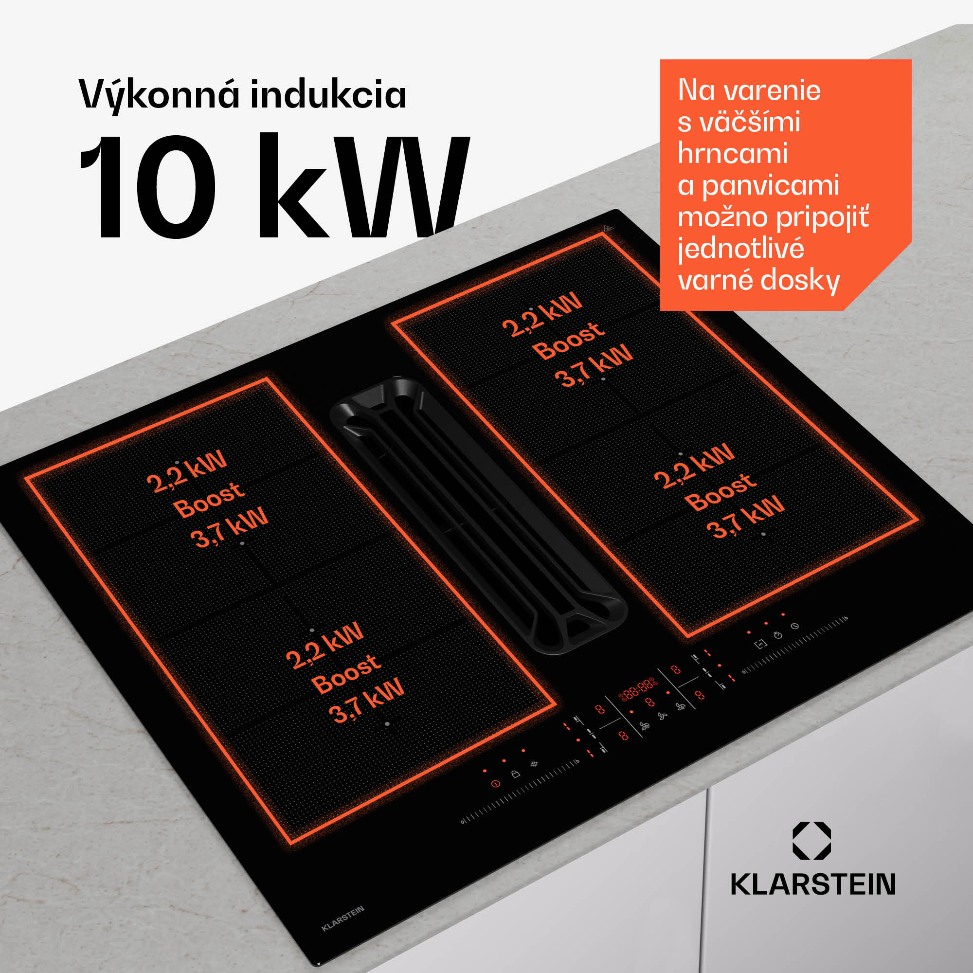Klarstein AirJet FlexPro Down Air System, Indukčná doska + digestor, Flexi zóna, Booster – Obrázok 3