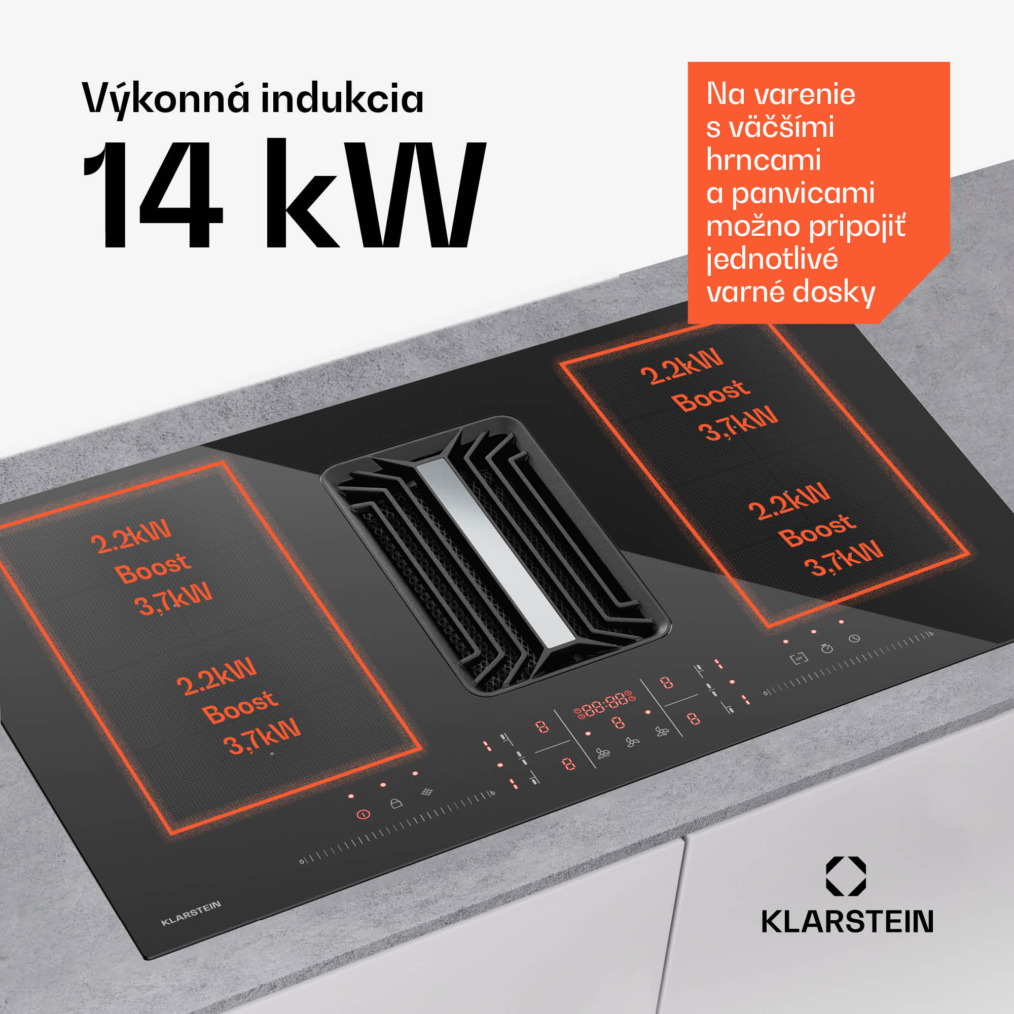 Klarstein AirJet FlexPro Down Air System, Indukčná doska + digestor, Flexi zóna, Booster – Obrázok 3