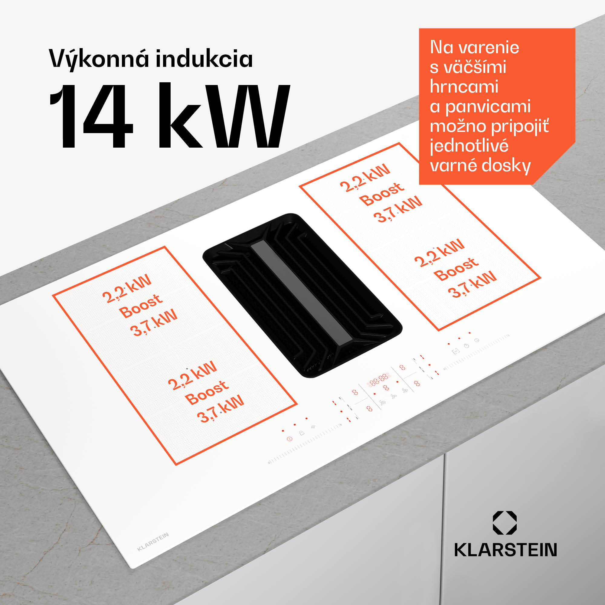 Klarstein AirJet FlexPro Down Air System, Indukčná doska + digestor, Flexi zóna, Booster – Obrázok 3