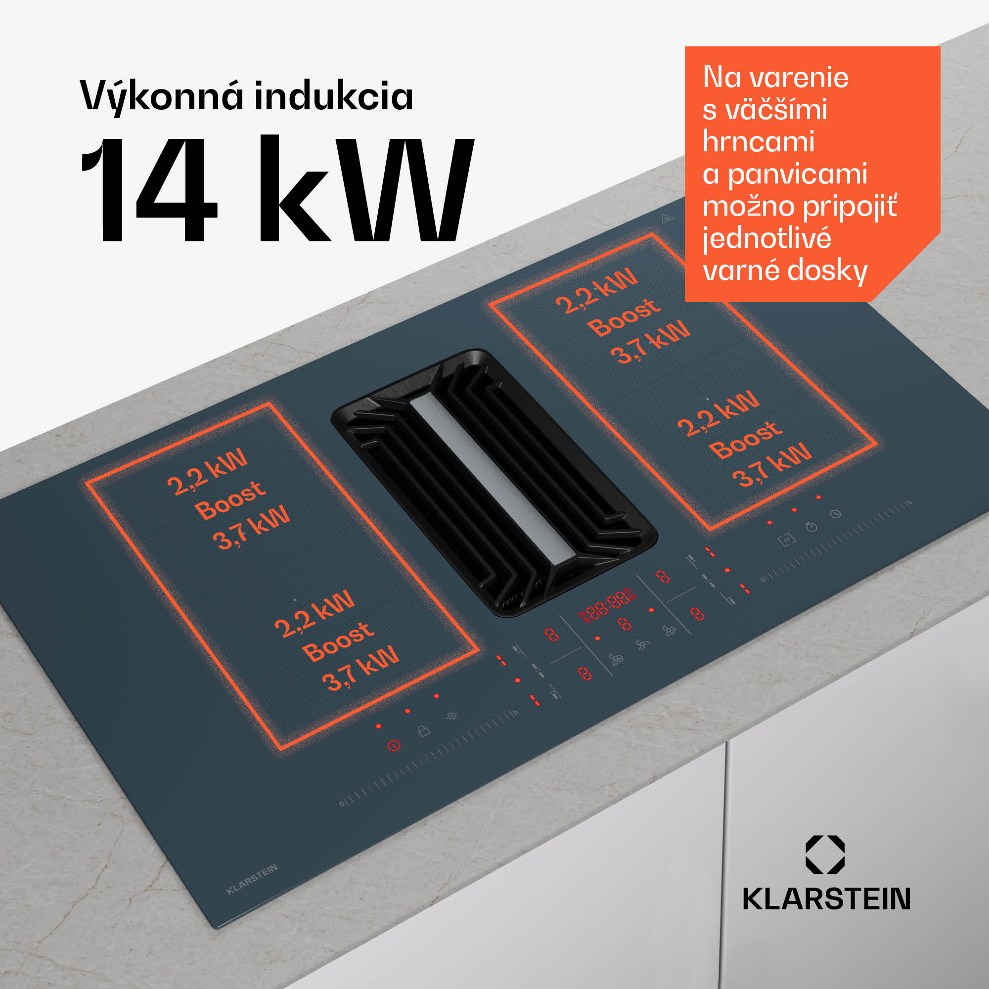 Klarstein AirJet FlexPro Down Air System, Indukčná doska + digestor, Flexi zóna, Booster – Obrázok 3