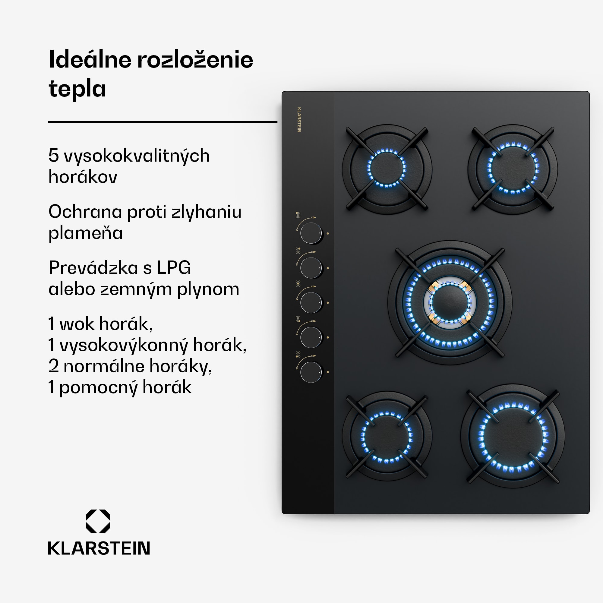Klarstein Goldflame Nano plynová varná doska, 5 mosadzných horákov, Nano povlak, LPG/zemný plyn – Obrázok 2