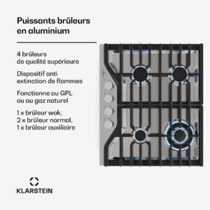 Klarstein Turbocast plynová varná doska, 304 nehrdzavejúca oceľ, 4 horáky, profesionálny liatinový držiak, horák wok
