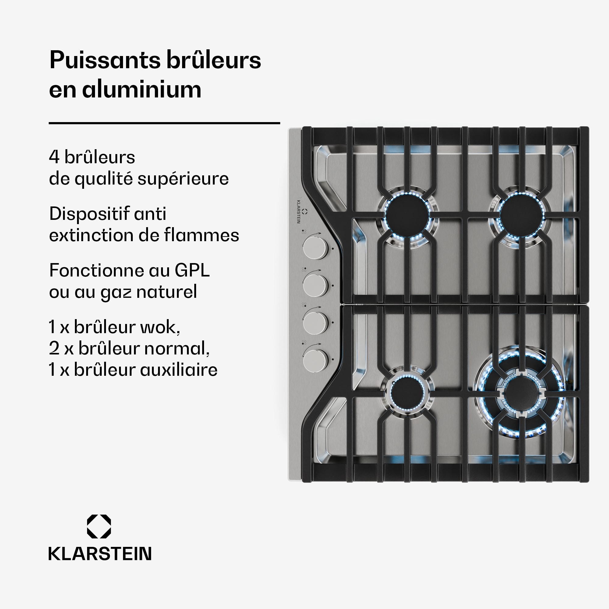 Klarstein Turbocast plynová varná doska, 304 nehrdzavejúca oceľ, 4 horáky, profesionálny liatinový držiak, horák wok