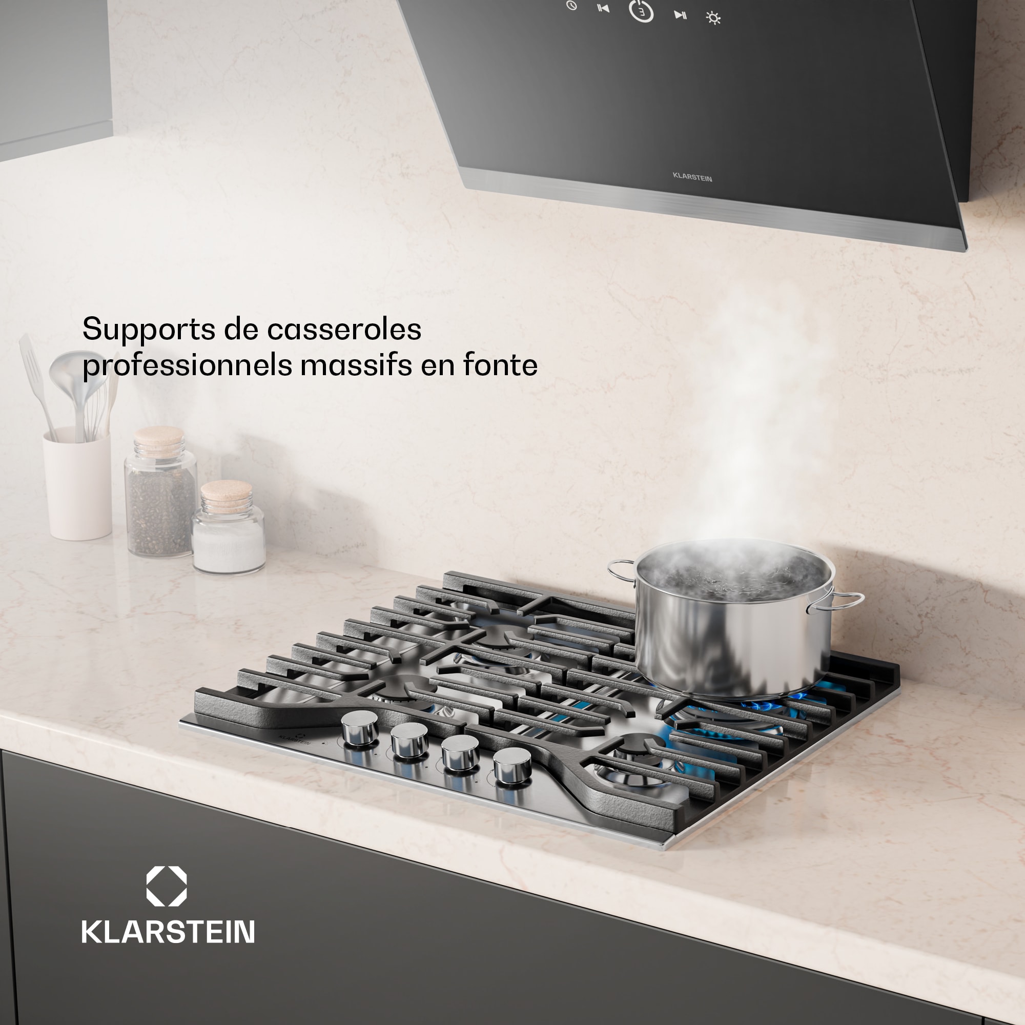 Klarstein Turbocast plynová varná doska, 304 nehrdzavejúca oceľ, 4 horáky, profesionálny liatinový držiak, horák wok – Obrázok 2