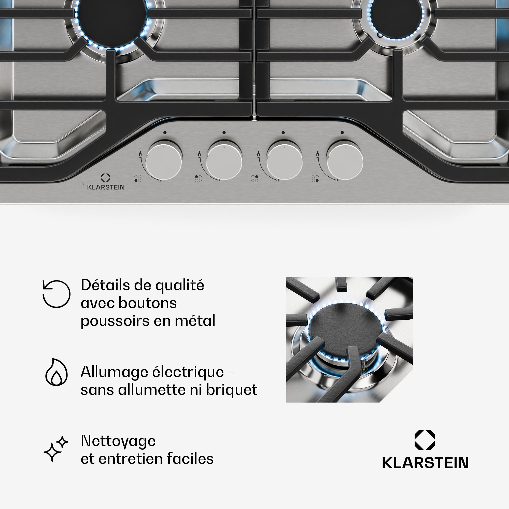 Klarstein Turbocast plynová varná doska, 304 nehrdzavejúca oceľ, 4 horáky, profesionálny liatinový držiak, horák wok – Obrázok 3
