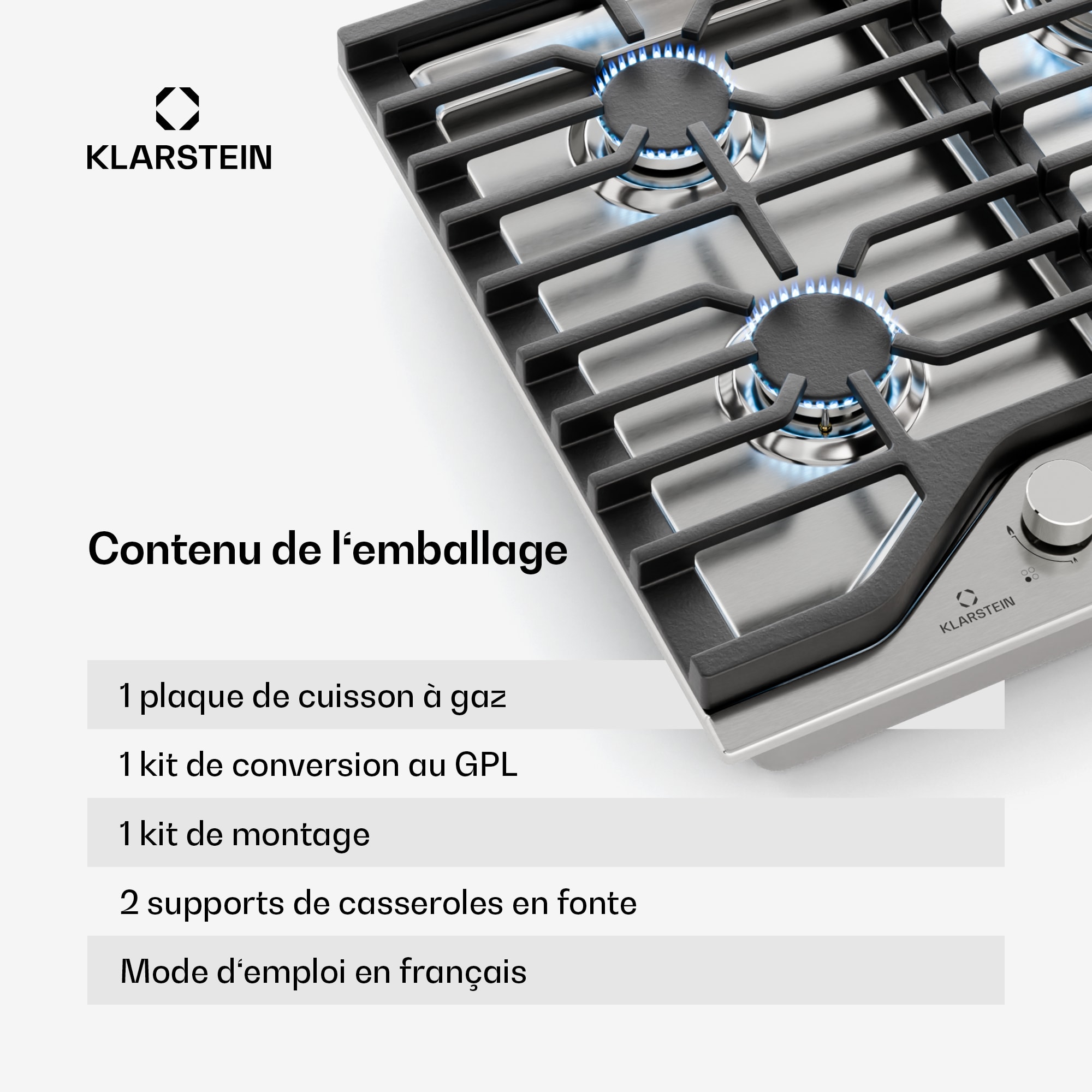 Klarstein Turbocast plynová varná doska, 304 nehrdzavejúca oceľ, 4 horáky, profesionálny liatinový držiak, horák wok – Obrázok 4