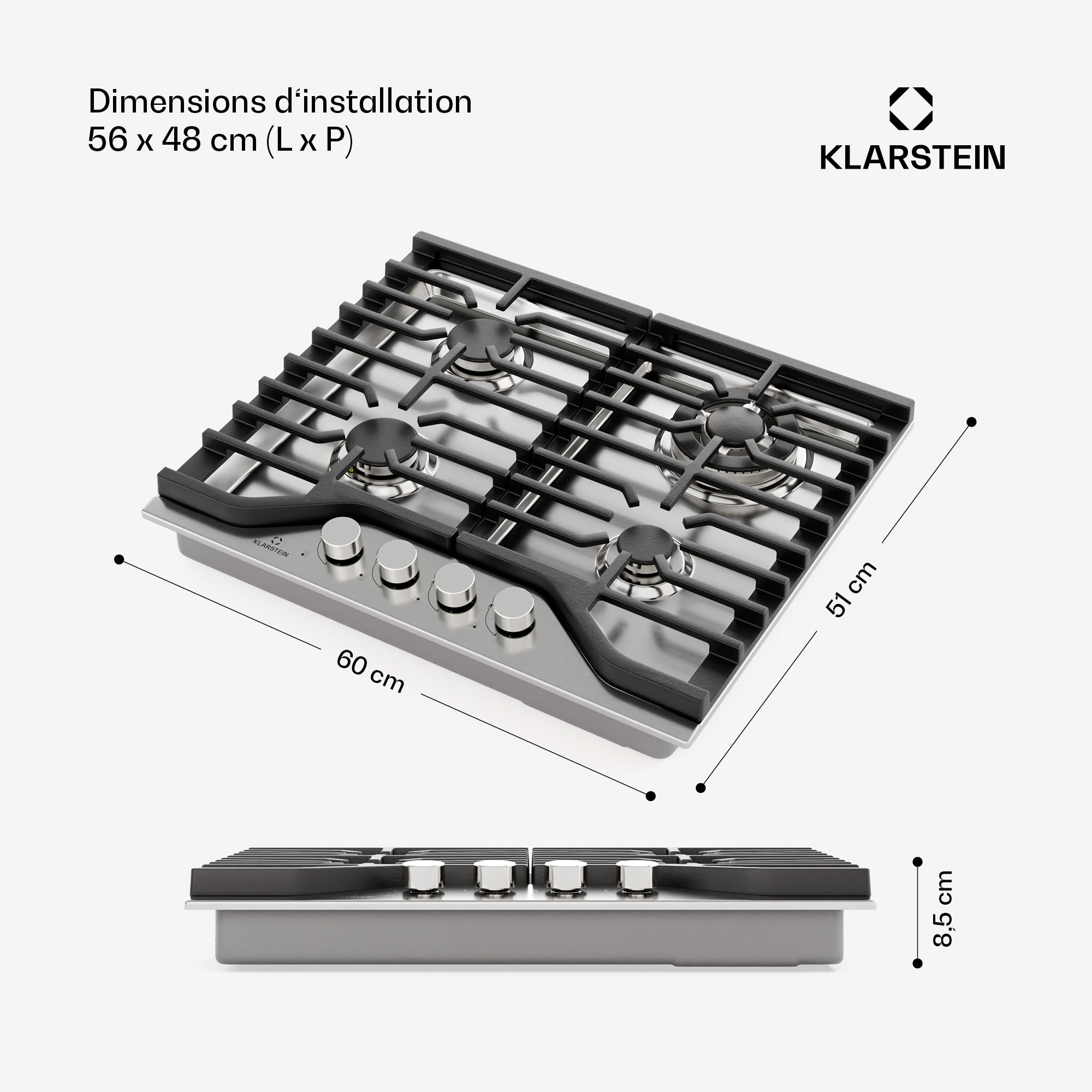 Klarstein Turbocast plynová varná doska, 304 nehrdzavejúca oceľ, 4 horáky, profesionálny liatinový držiak, horák wok – Obrázok 5