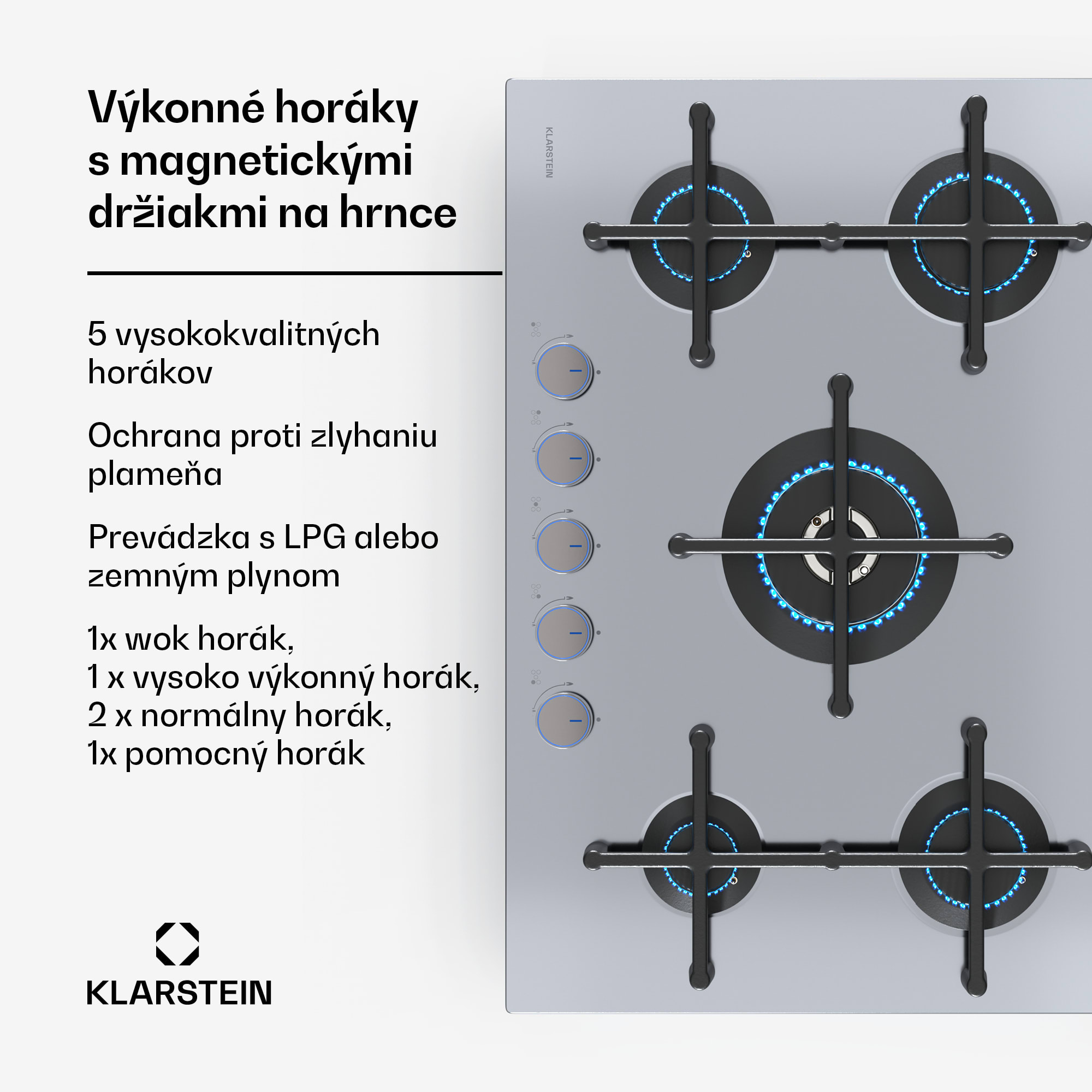 Klarstein Illuminosa 5 plynová varná doska 5-horáková Sabaf horák z nehrdzavejúcej ocele – Obrázok 2