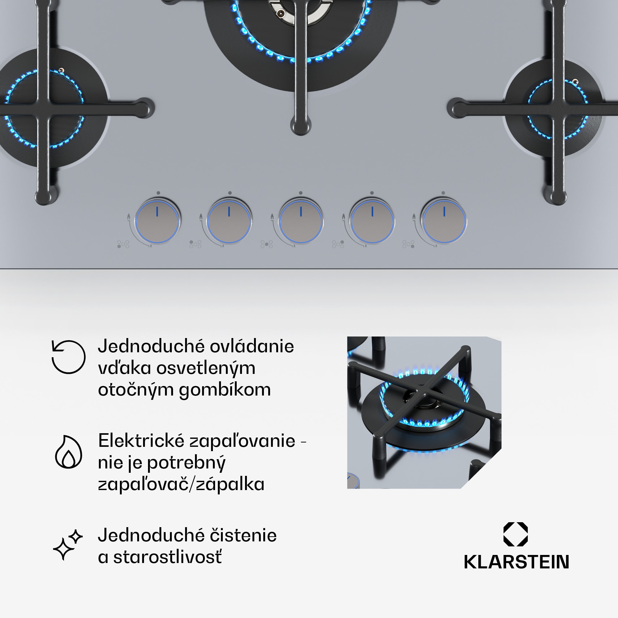 Klarstein Illuminosa 5 plynová varná doska 5-horáková Sabaf horák z nehrdzavejúcej ocele – Obrázok 4