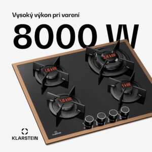 Klarstein Lumiflame plynová varná doska, 4 horáky, medený rám, elektrické zapaľovanie, výkon 8 kW