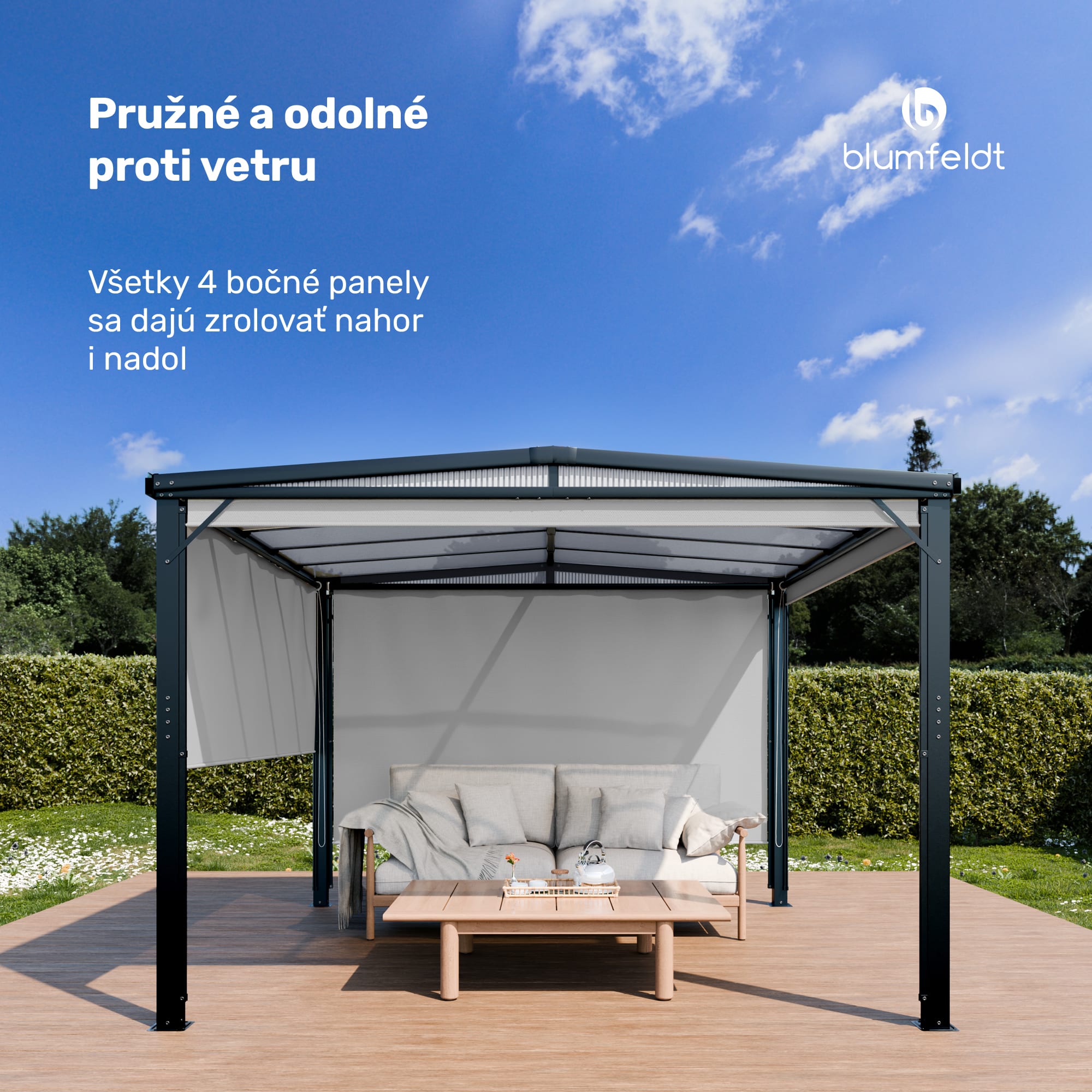 Blumfeldt Pantheon Cortina Solid Sky Pergola 3x3, odolná voči poveternostným vplyvom, s práškovým nástrekom, bočné panely – Obrázok 2
