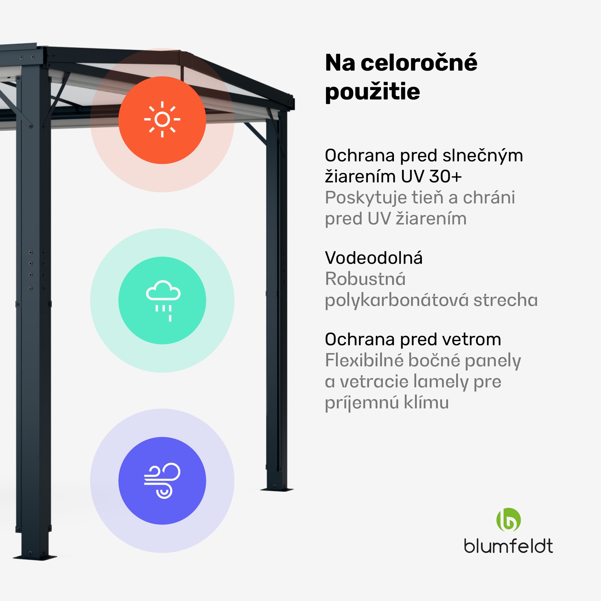 Blumfeldt Pantheon Cortina Solid Sky Pergola 3x3, odolná voči poveternostným vplyvom, s práškovým nástrekom, bočné panely – Obrázok 5