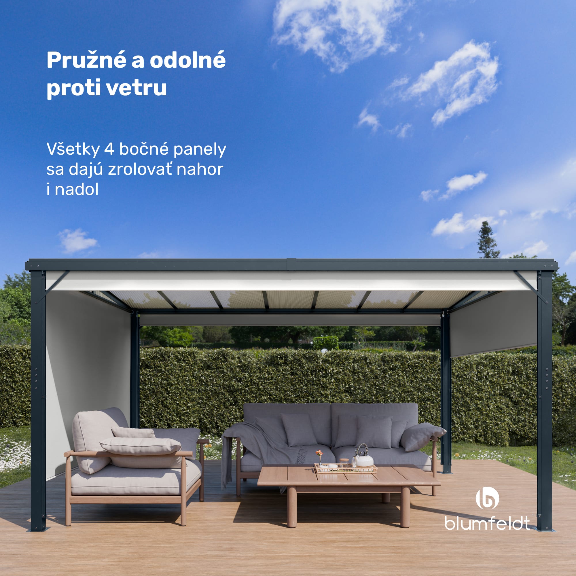 Blumfeldt Pantheon Cortina Solid Sky Pergola 3x4, odolná voči poveternostným vplyvom, s práškovým nástrekom, bočné panely – Obrázok 2