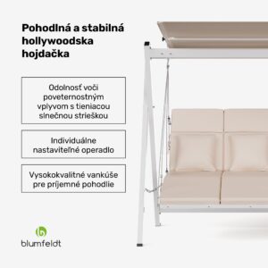 Blumfeldt FlexiSwing hollywoodska hojdačka 3-miestna Nastaviteľné operadlo + slnečná strieška, odolná voči poveternostným vplyvom