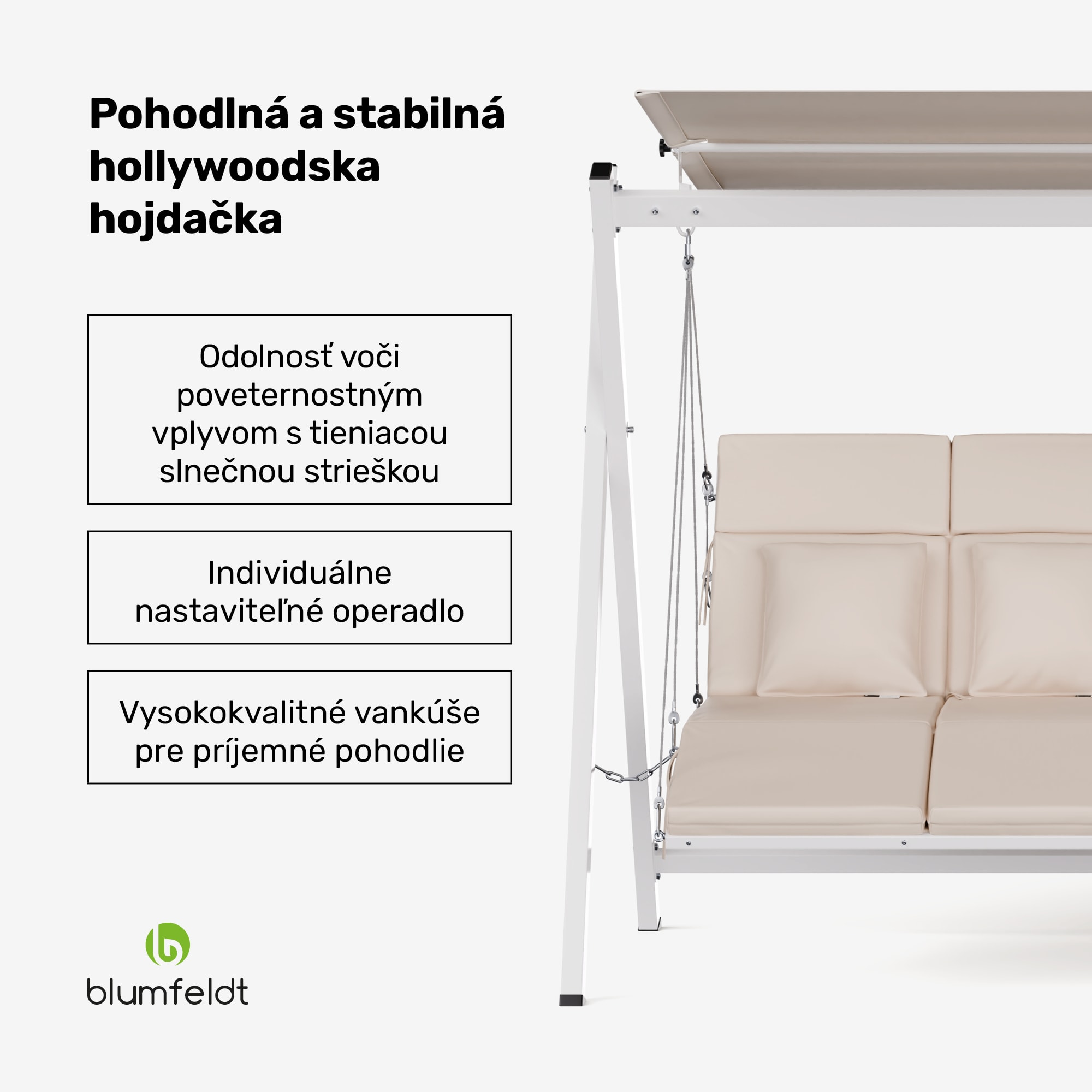 Blumfeldt FlexiSwing hollywoodska hojdačka 4-miestna Nastaviteľné operadlo + slnečná strieška, odolná voči poveternostným vplyvom