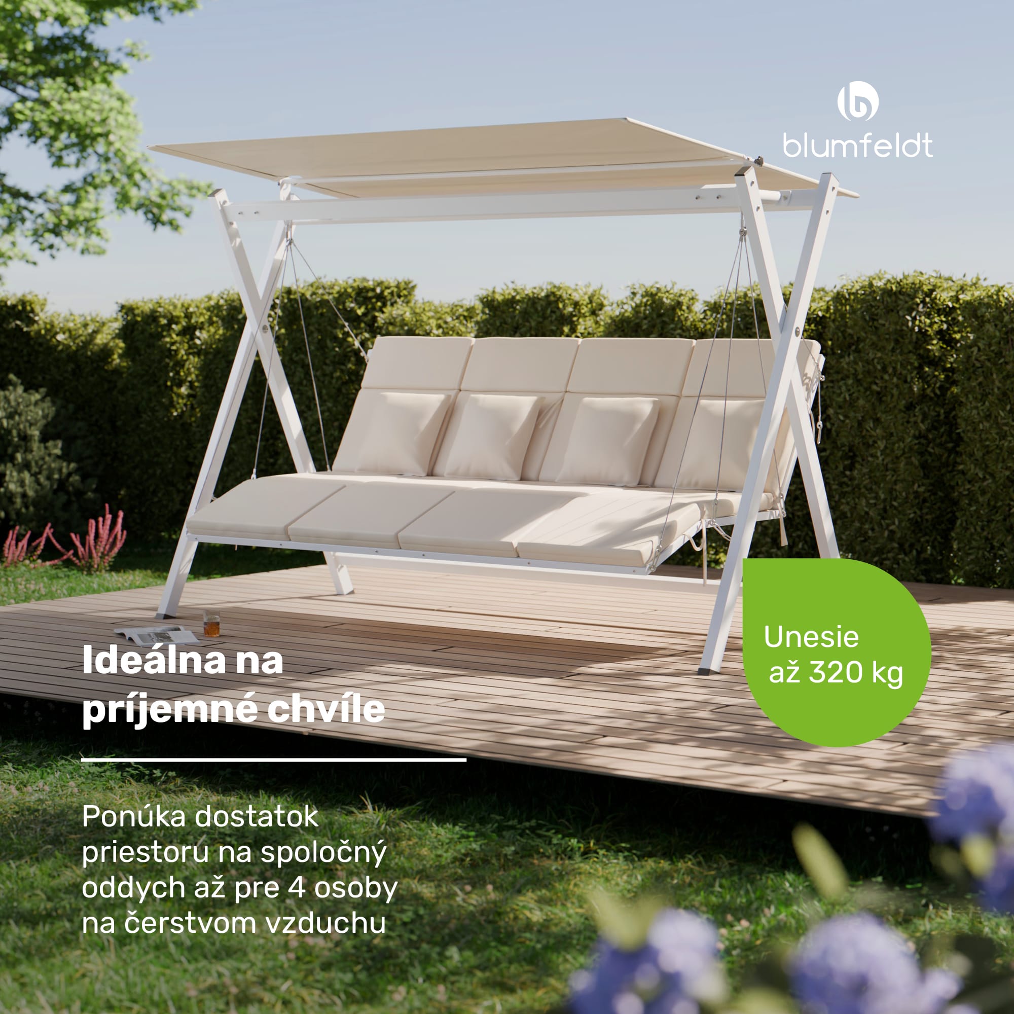 Blumfeldt FlexiSwing hollywoodska hojdačka 4-miestna Nastaviteľné operadlo + slnečná strieška, odolná voči poveternostným vplyvom – Obrázok 2