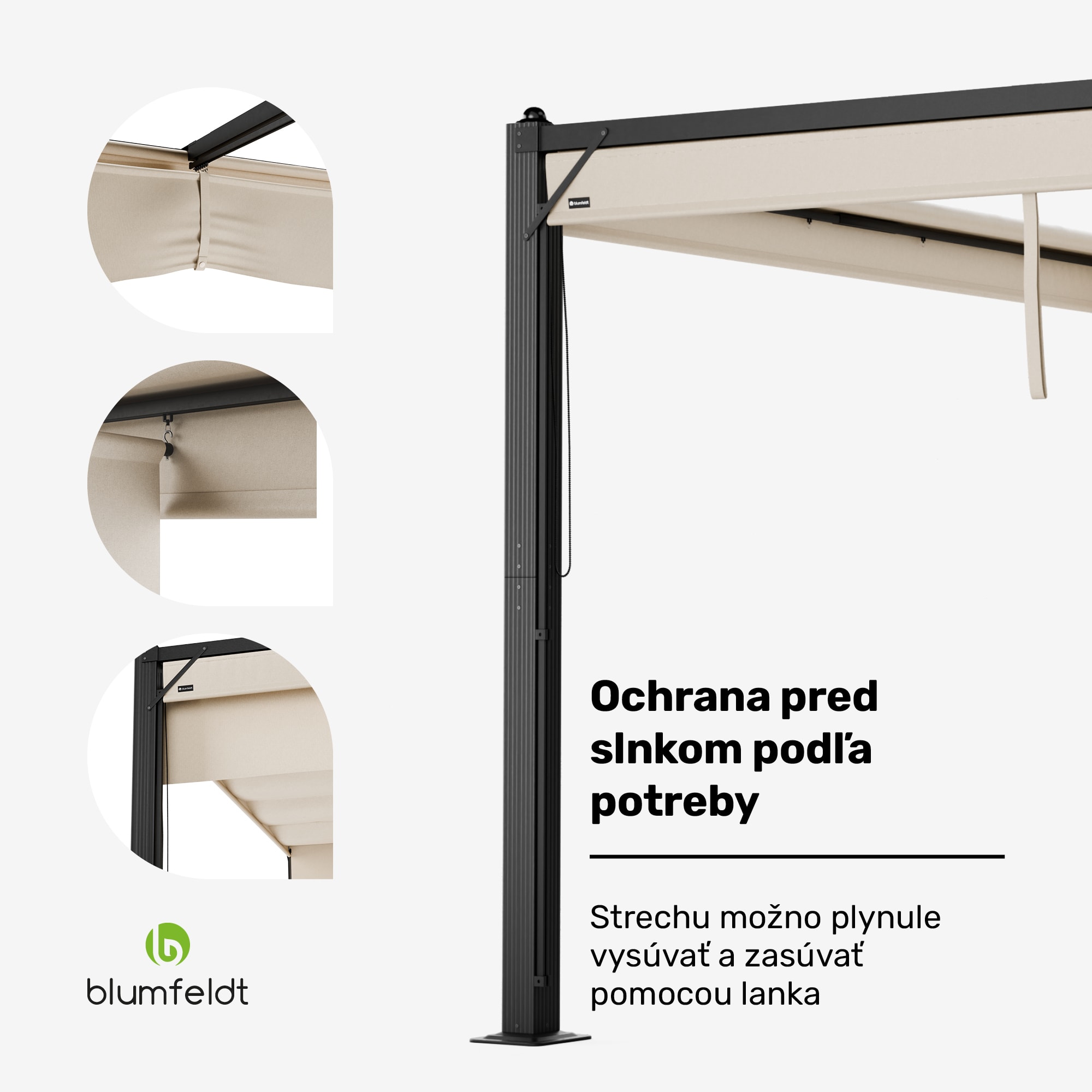 Blumfeldt Pantheon Cortina pergola 3x3 m, odolná voči poveternostným vplyvom, hliník, prášková farba, rolety – Obrázok 2