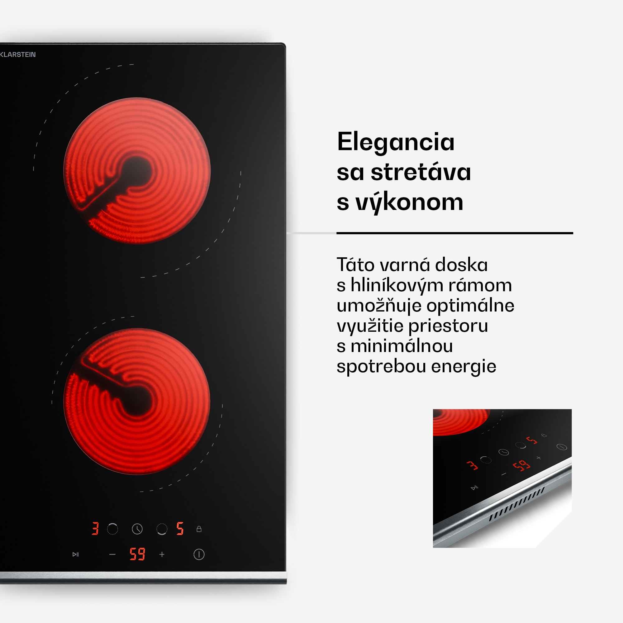 Klarstein Verosteel sklokeramická varná doska, Minimalistická, výkonná, 2 varné zóny, 3000 W, 30 cm – Obrázok 3