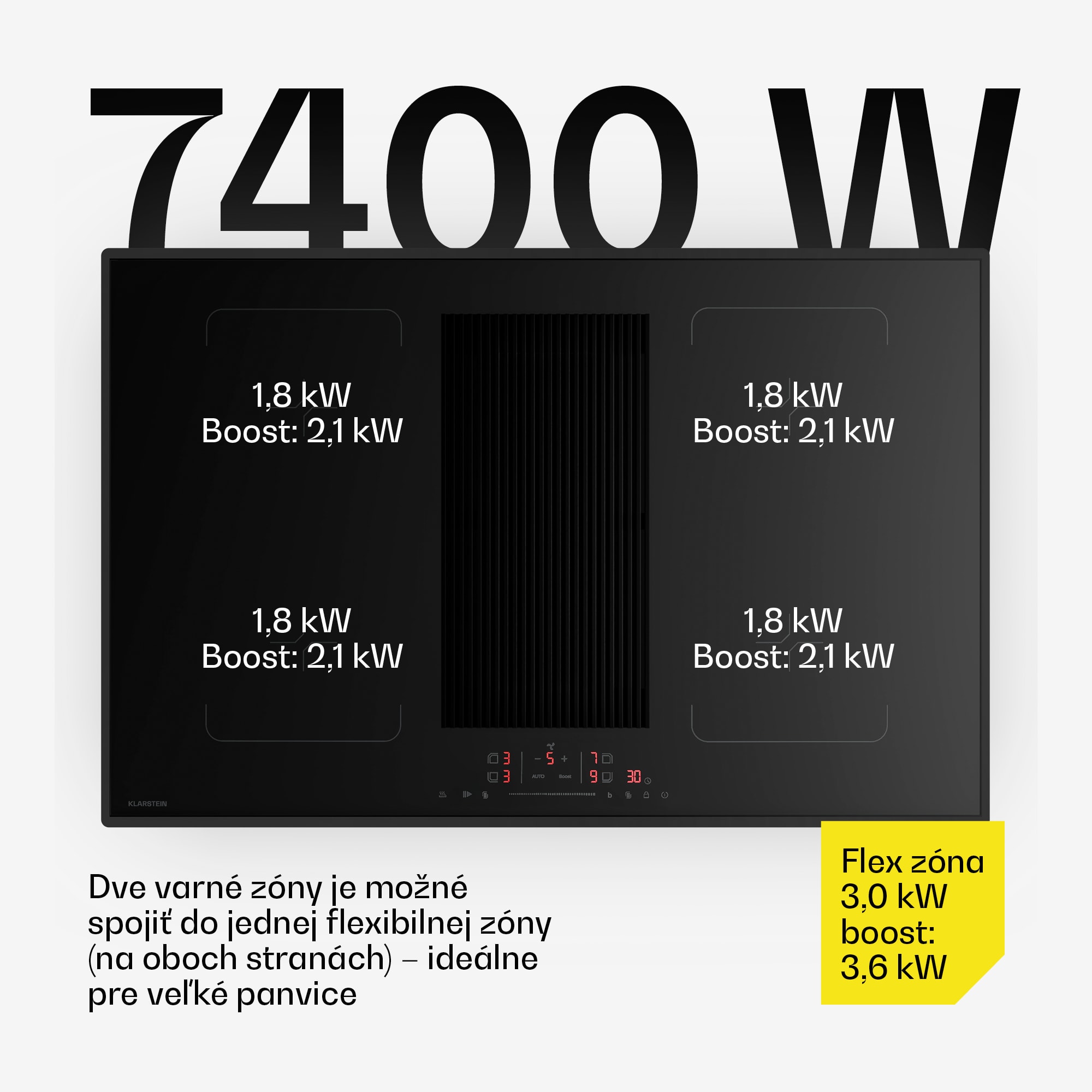 Klarstein Velaire flexi-indukčná varná doska s integrovaným digestorom Elegantná, minimalistická, výkonná 8400 W 80 cm – Obrázok 3