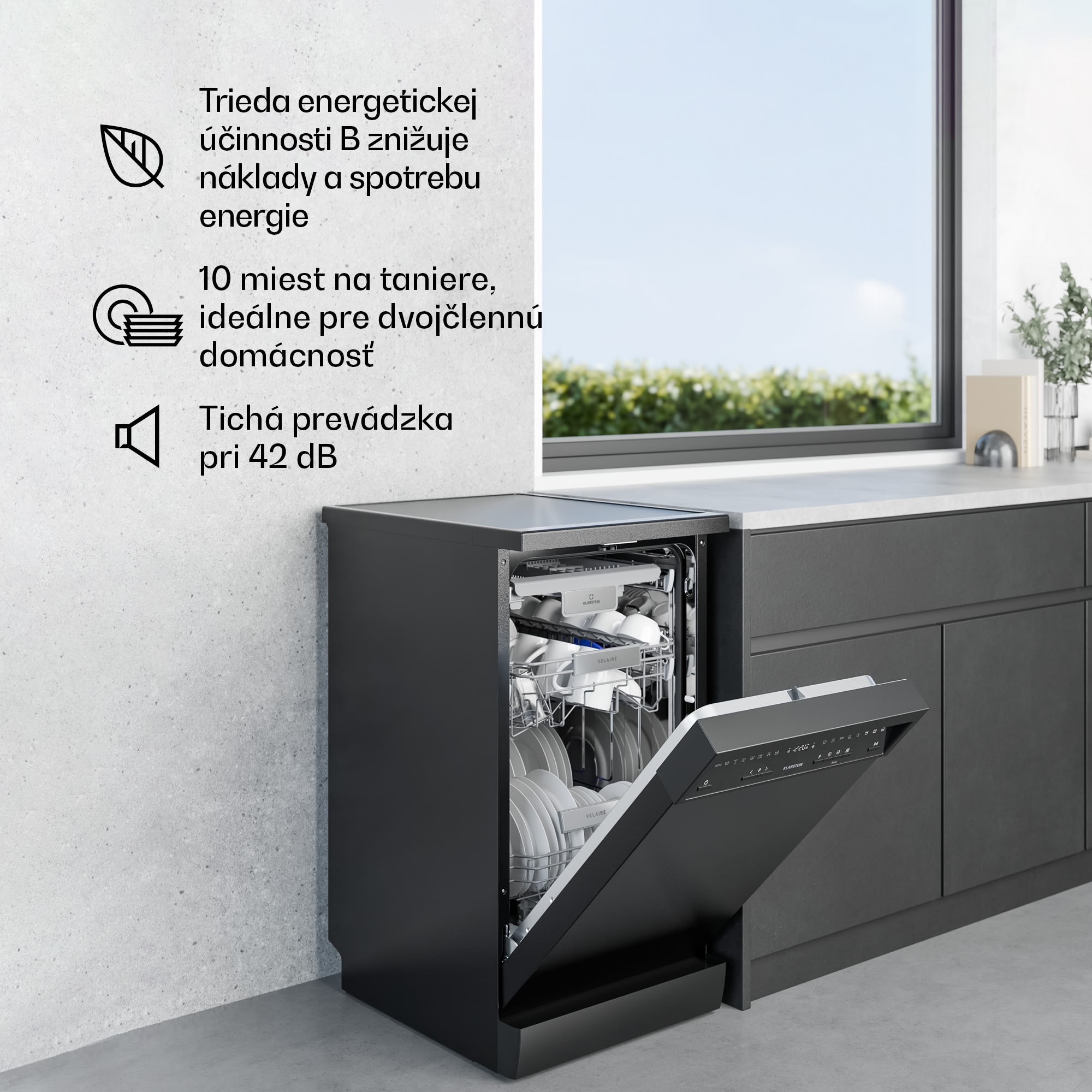 Klarstein Velaire voľne stojaca umývačka riadu | Minimalistická, kompaktná, výkonná | EEC B | 45 cm – Obrázok 2