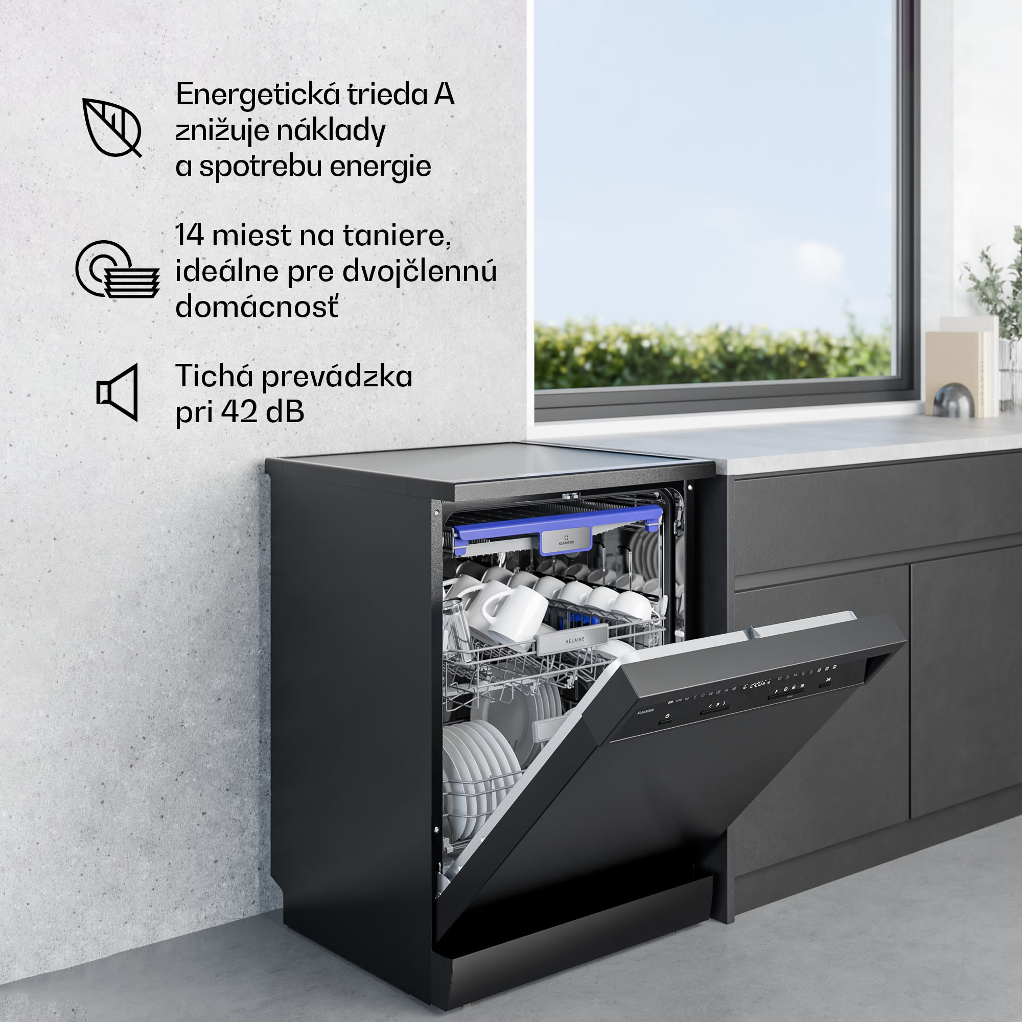 Klarstein Velaire voľne stojaca umývačka riadu | Minimalistická, elegantná, výkonná | EEC A | 60 cm – Obrázok 2