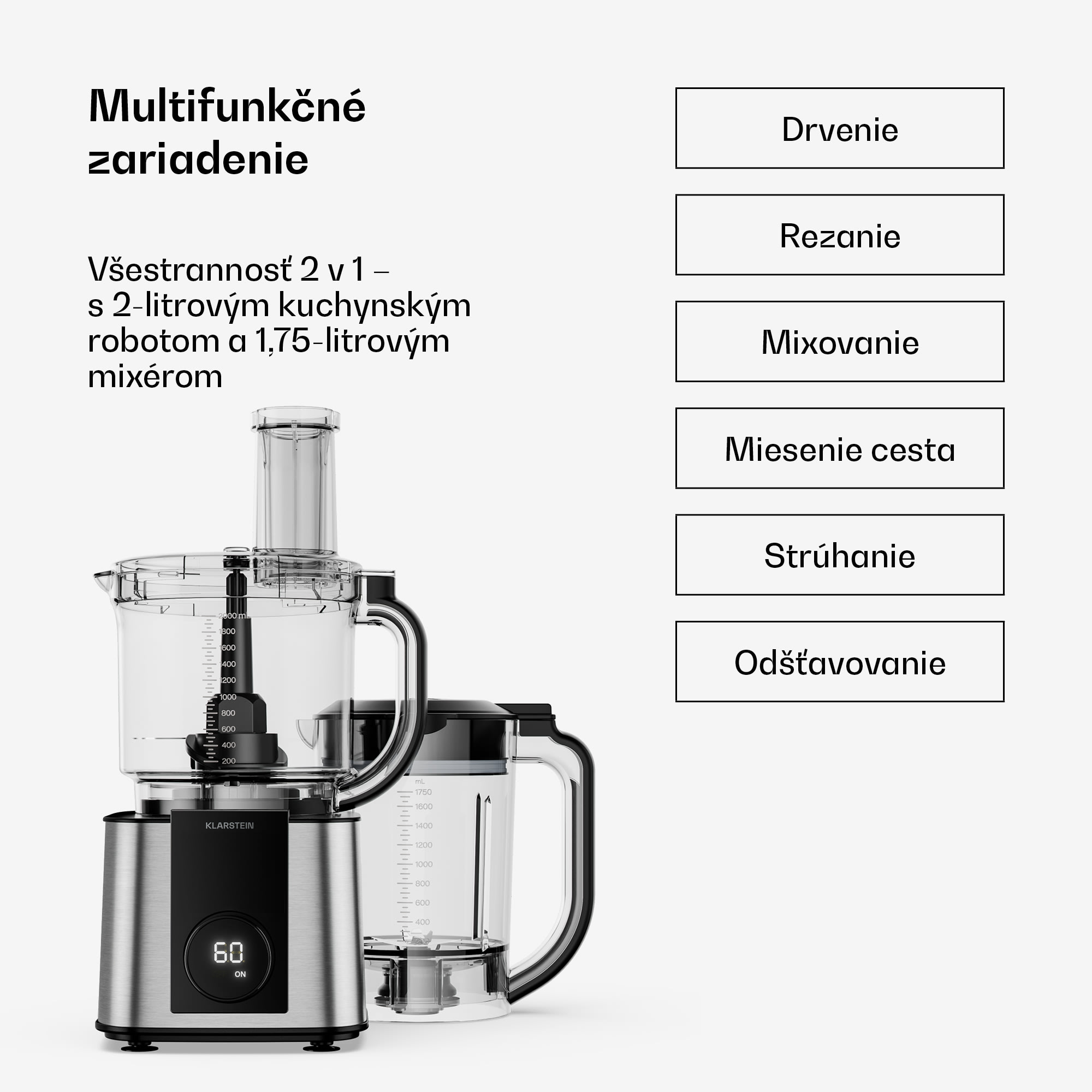Klarstein Verosteel kuchynský robot s mixérom | miesenie, šľahanie a odšťavovanie | 1200 W | 2 l /1,75 l – Obrázok 2