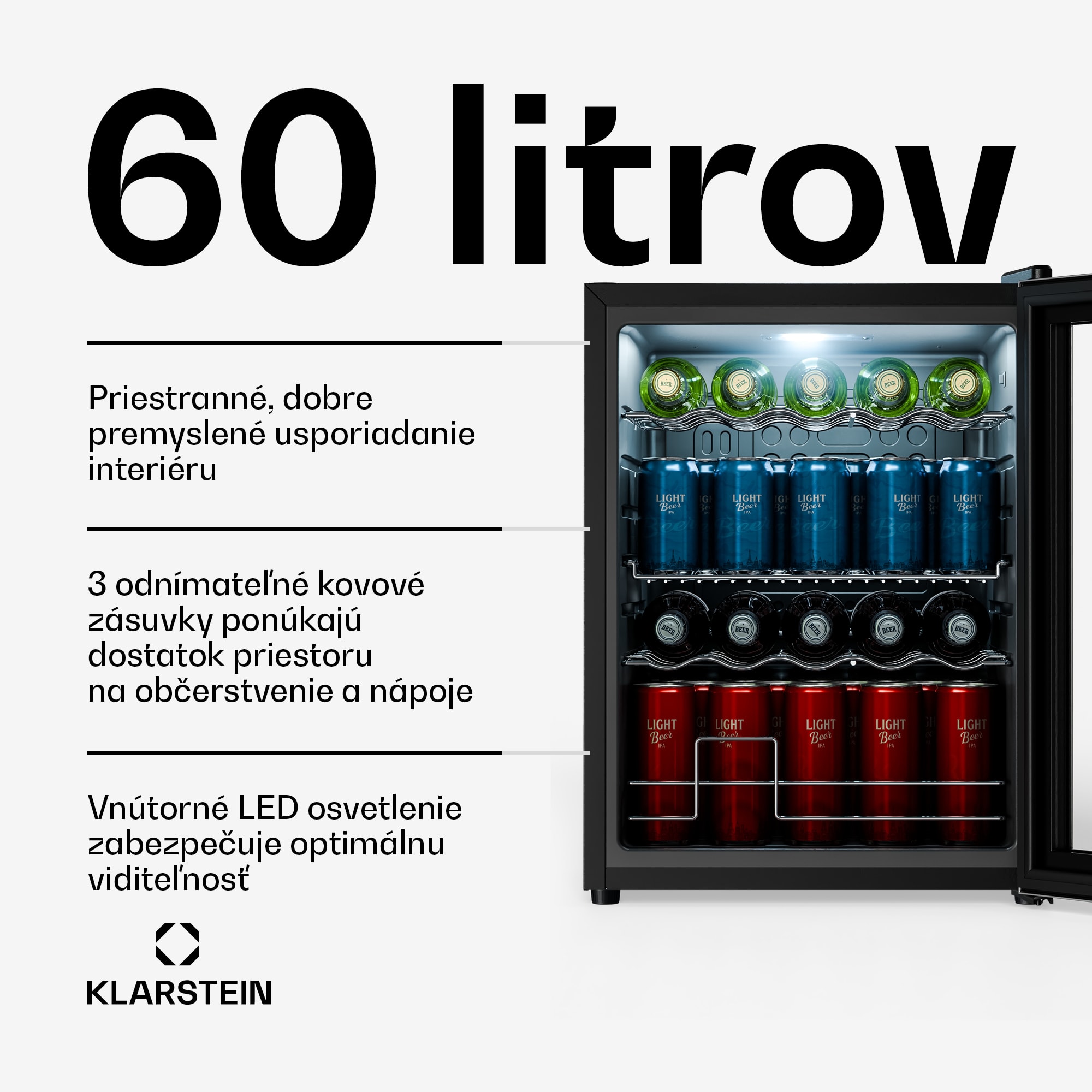 Klarstein Beersafe chladnička na nápoje so sklenenými dverami | 64 x 48 cm | Vnútorné LED osvetlenie | Strieborno-čierna