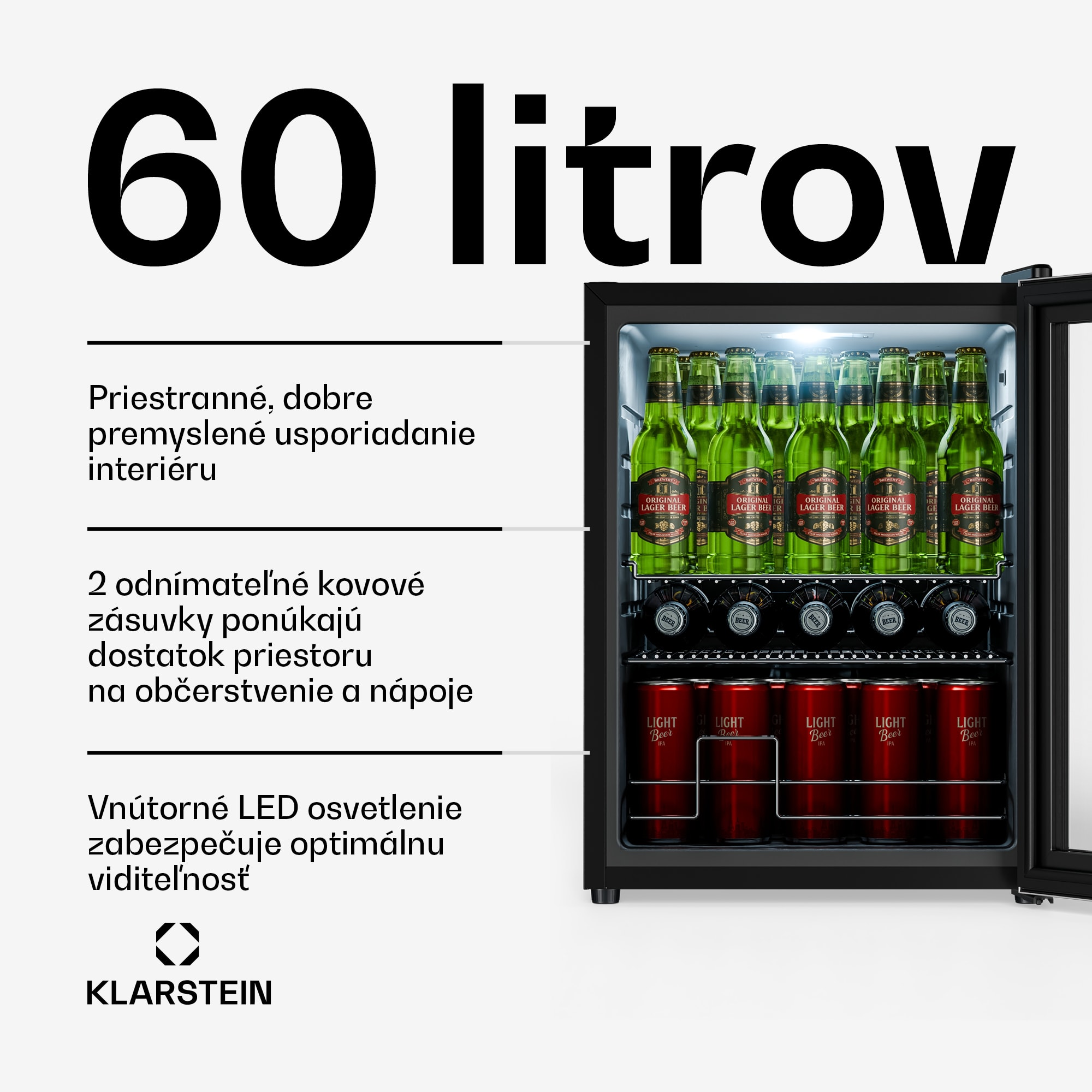 Klarstein Beersafe chladnička na nápoje so sklenenými dverami | 64 x 48 cm | Vnútorné LED osvetlenie