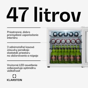 Klarstein Beersafe chladnička na nápoje so zrkadlovými sklenenými dverami | 44 x 48 cm | 85 W | 47 litrov | Biela