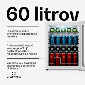 Klarstein Beersafe chladnička na nápoje so sklenenými dverami | 64 x 48 cm | 60 litrov | 85 W | Strieborná/Biela