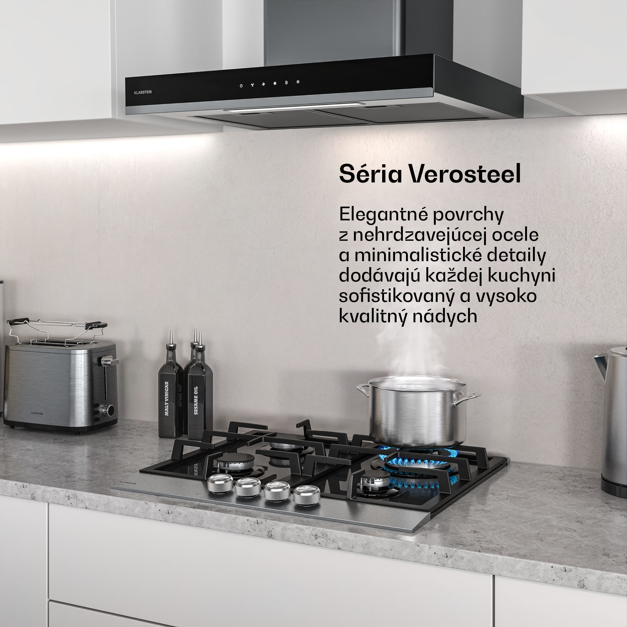 Klarstein Verosteel plynová varná doska + Verosteel komínový digestor | nehrdzavejúca oceľ | 60 cm