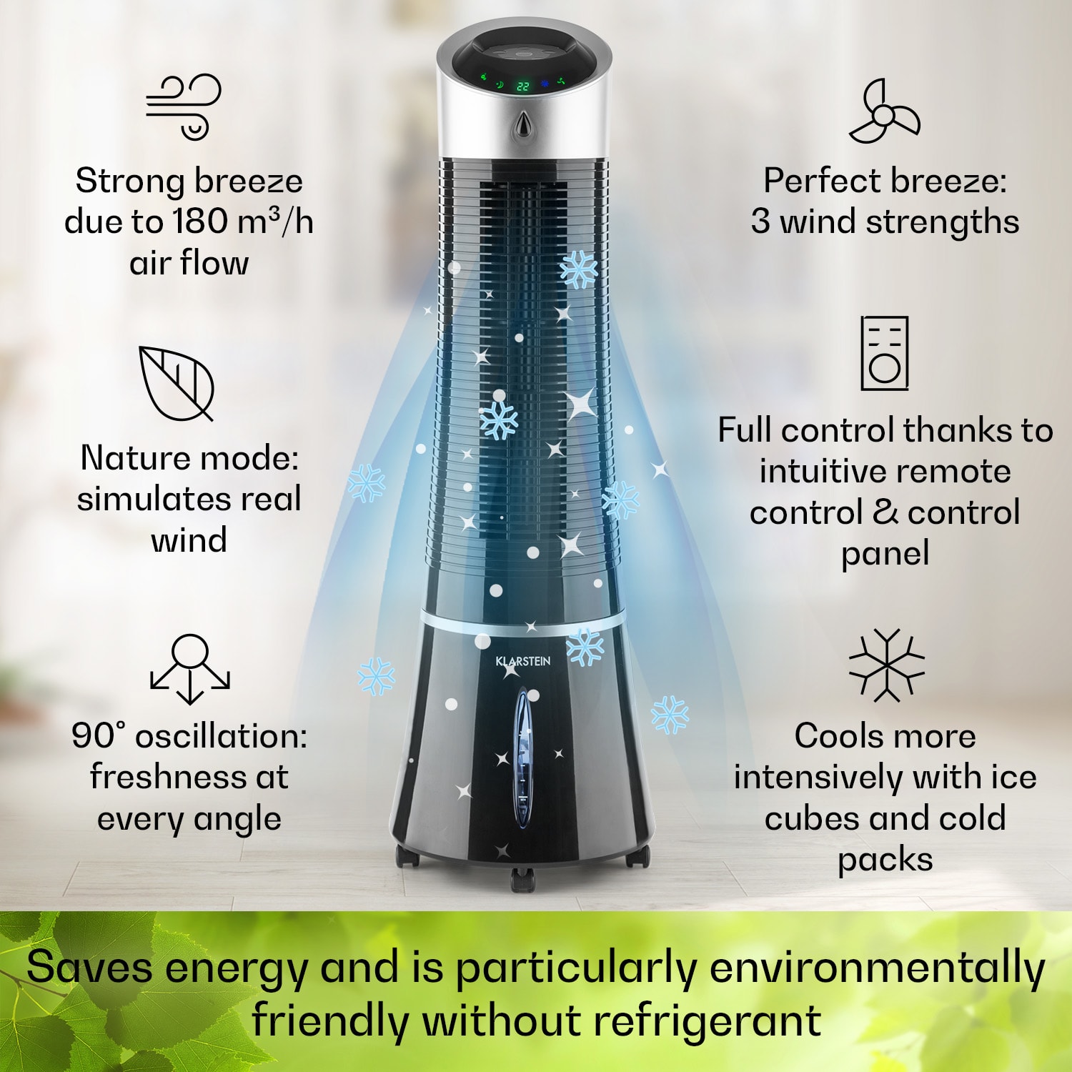 Klarstein Skyscraper Ice, 4 v 1 ochladzovač vzduchu, ventilátor, čistička vzduchu, zvlhčovač, 45 W, 180 m³/h, oscilácia, mobilný, diaľkové ovládanie – Obrázok 2