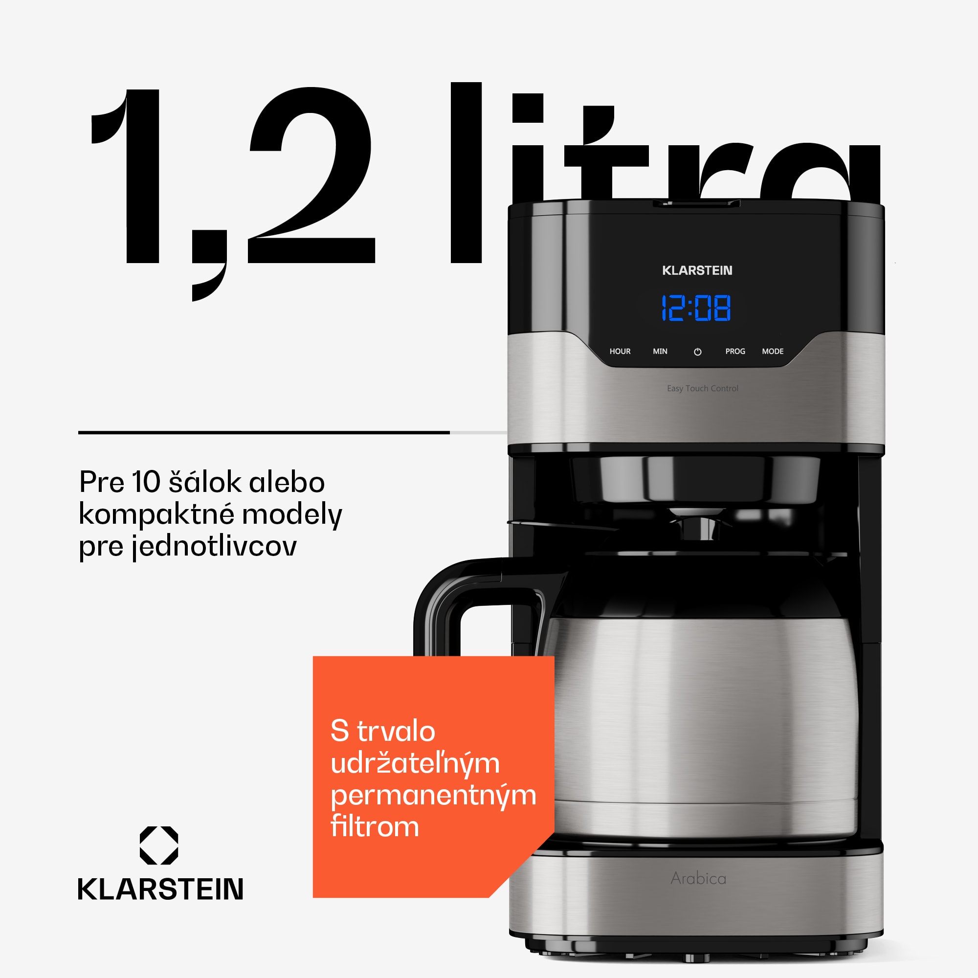 Klarstein Arabica 1.2, kávovar, 1,2 l, EasyTouch Control, strieborný/čierny – Obrázok 2