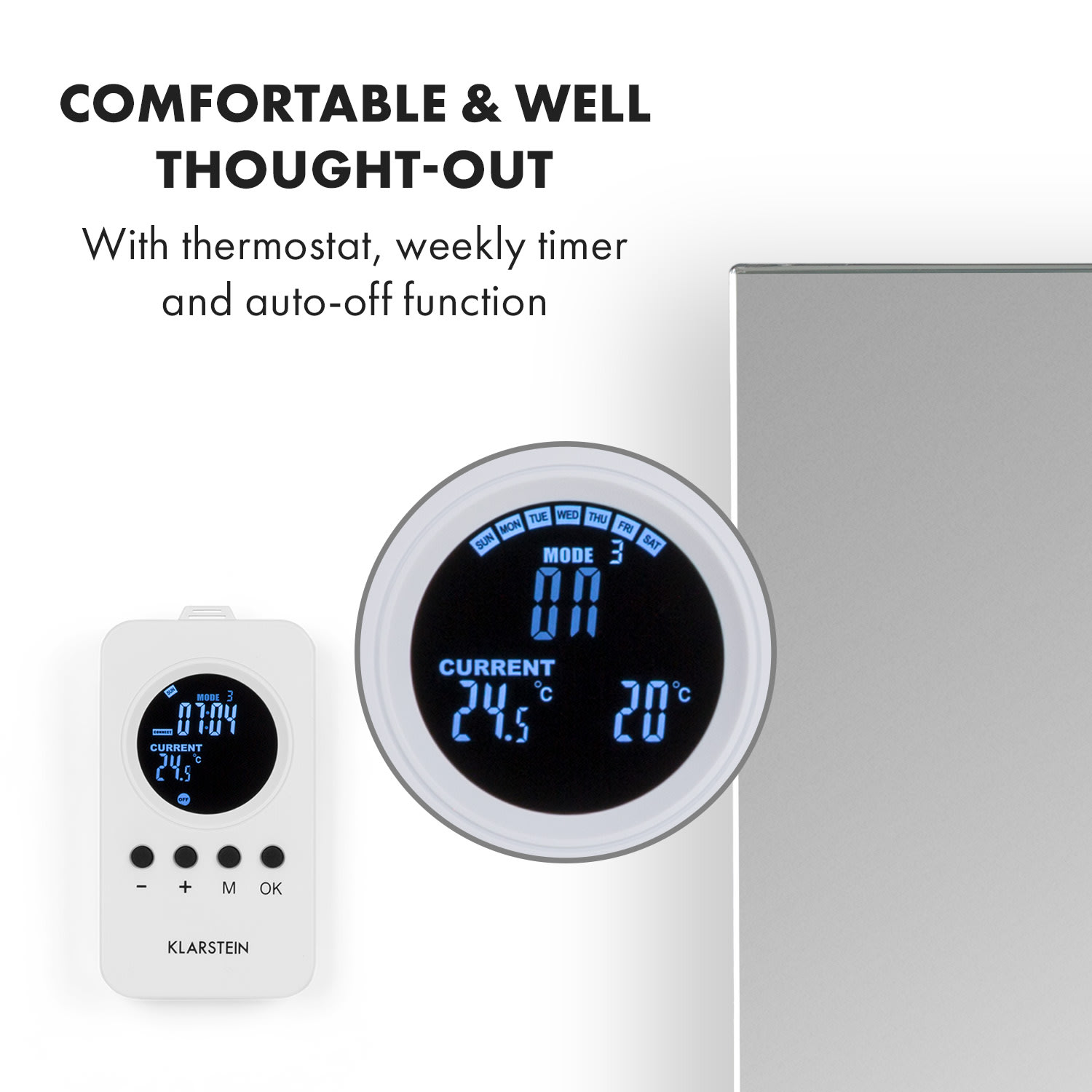 Klarstein Marvel Mirror, infračervený ohrievač, 360 W, týždenný časovač, IP20, hranaté zrkadlo – Obrázok 3