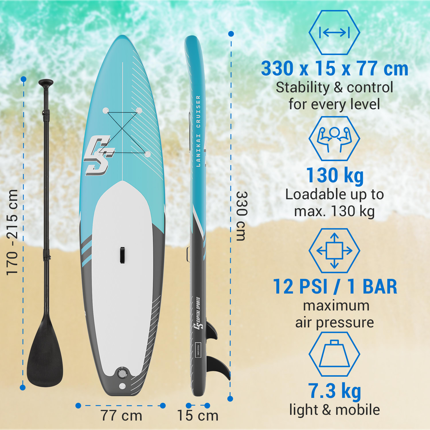 Capital Sports Lanikai Cruiser 10.8, nafukovací paddelboard, súprava so SUP doskou, 330 × 77 × 15 – Obrázok 5