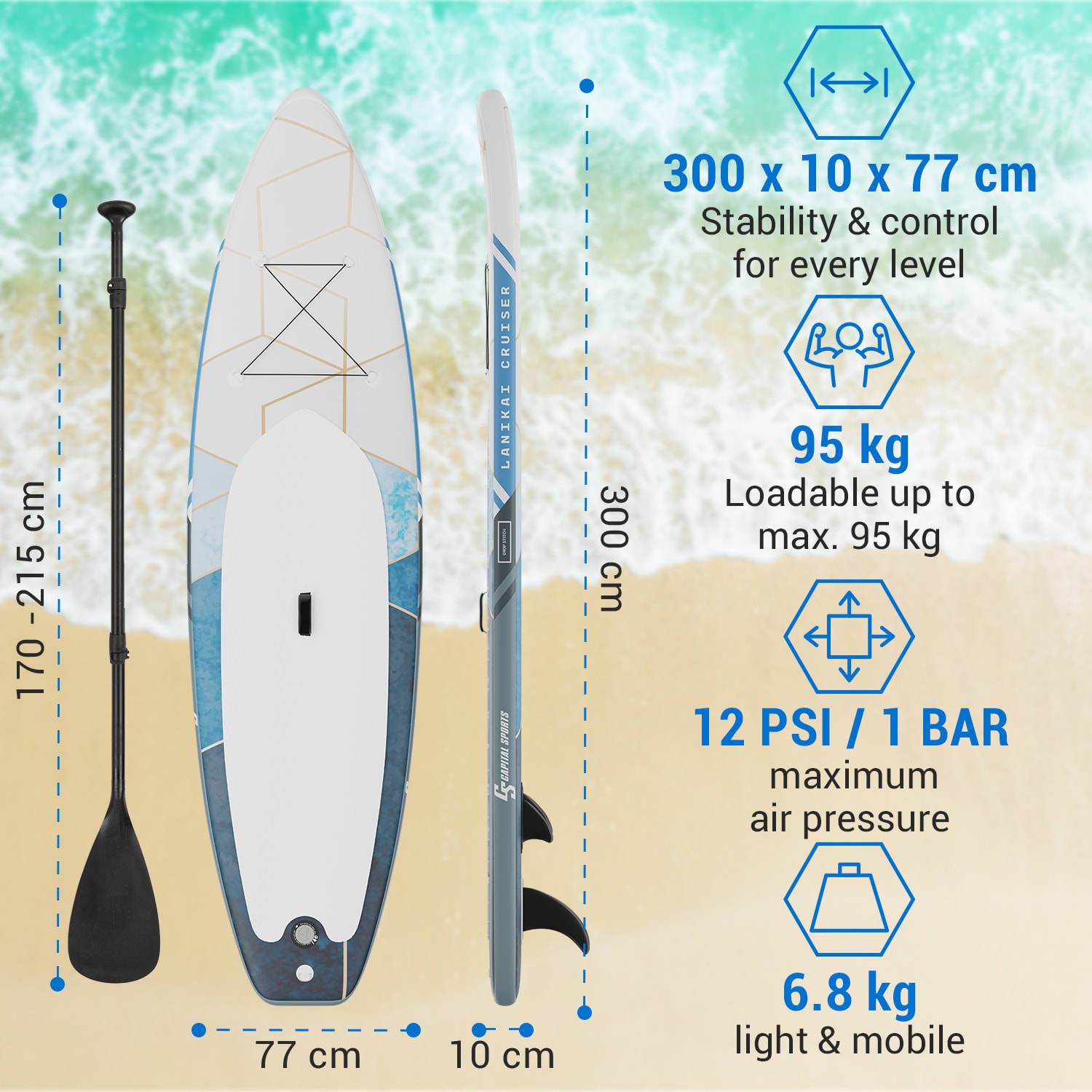 Capital Sports Lanikai Cruiser 9.8, nafukovací paddelboard, súprava so SUP doskou, 305 × 77 × 10 – Obrázok 5