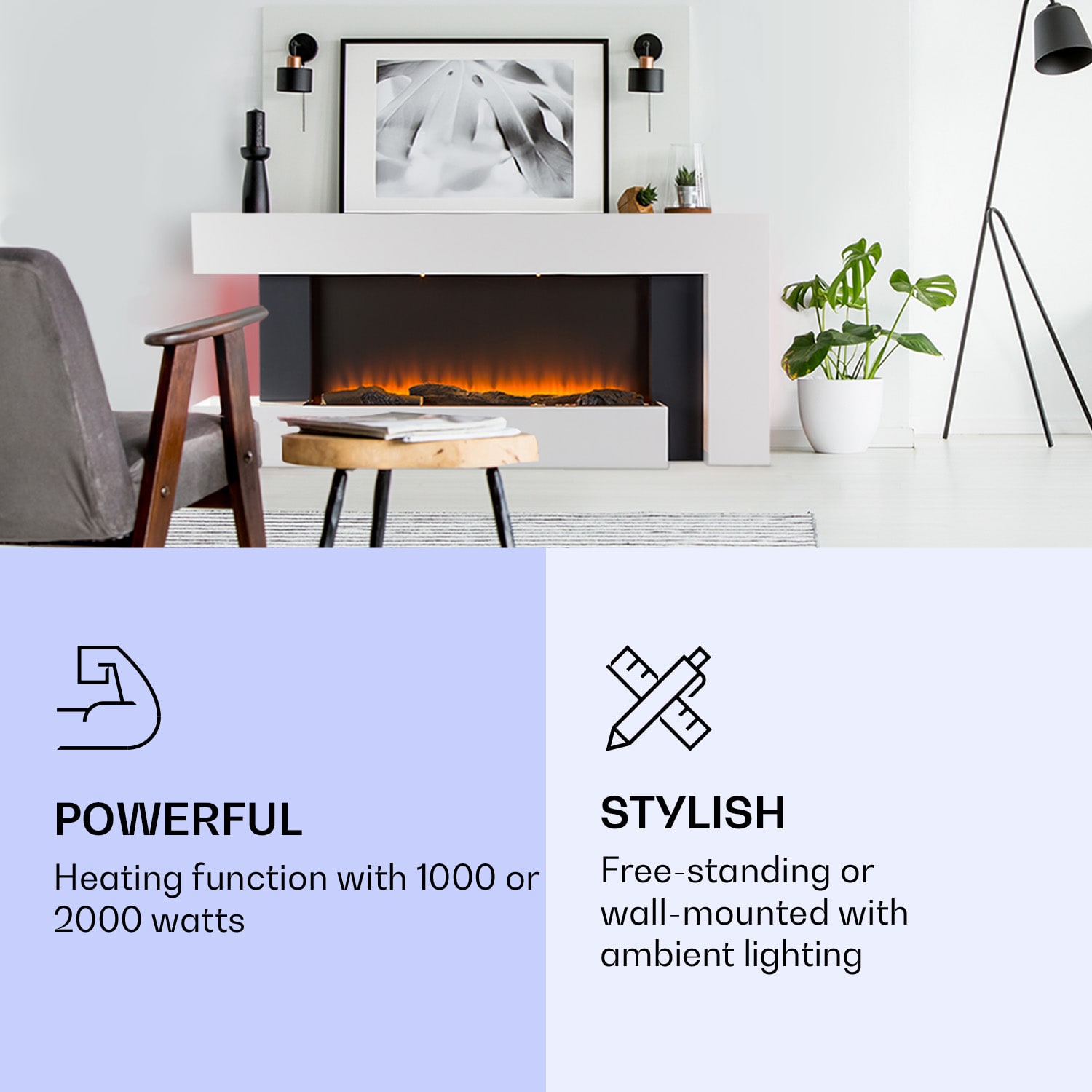 Klarstein Studio Light & Fire 2 Smart, krb, 1000/2000 W, MDF, WiFi Control – Obrázok 2