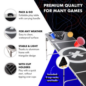 BeerCup Baseliner, súprava so stolom na beer pong, audio, držadlá, držiak na loptičky, 6 loptičiek
