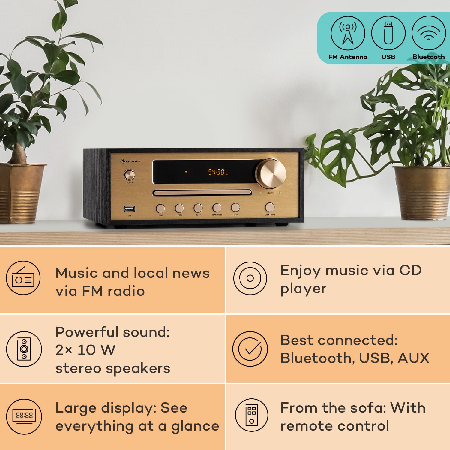 Auna Berklee, HiFi stereo systém, Bluetooth, stereo reproduktory, UWK, MP3, USB, Line-In