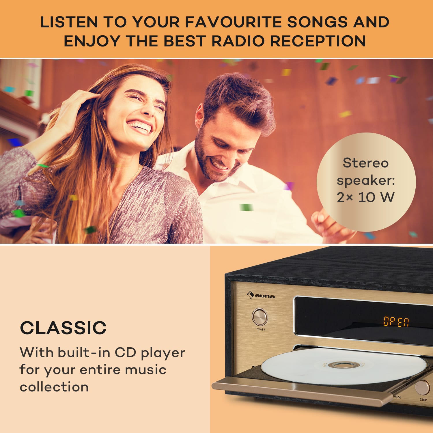 Auna Berklee, HiFi stereo systém, Bluetooth, stereo reproduktory, UWK, MP3, USB, Line-In – Obrázok 2