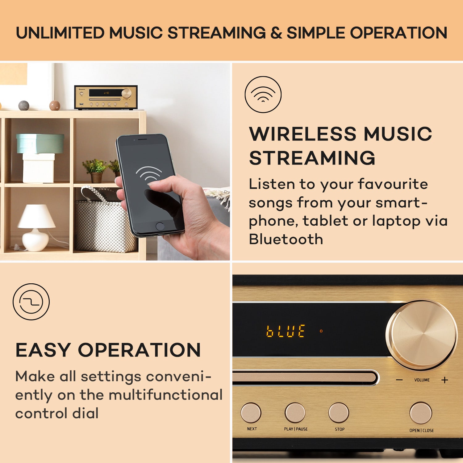Auna Berklee, HiFi stereo systém, Bluetooth, stereo reproduktory, UWK, MP3, USB, Line-In – Obrázok 3