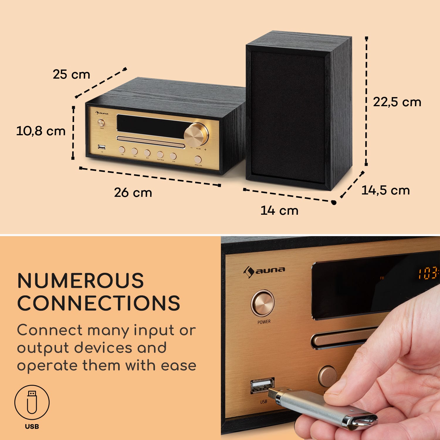 Auna Berklee, HiFi stereo systém, Bluetooth, stereo reproduktory, UWK, MP3, USB, Line-In – Obrázok 5