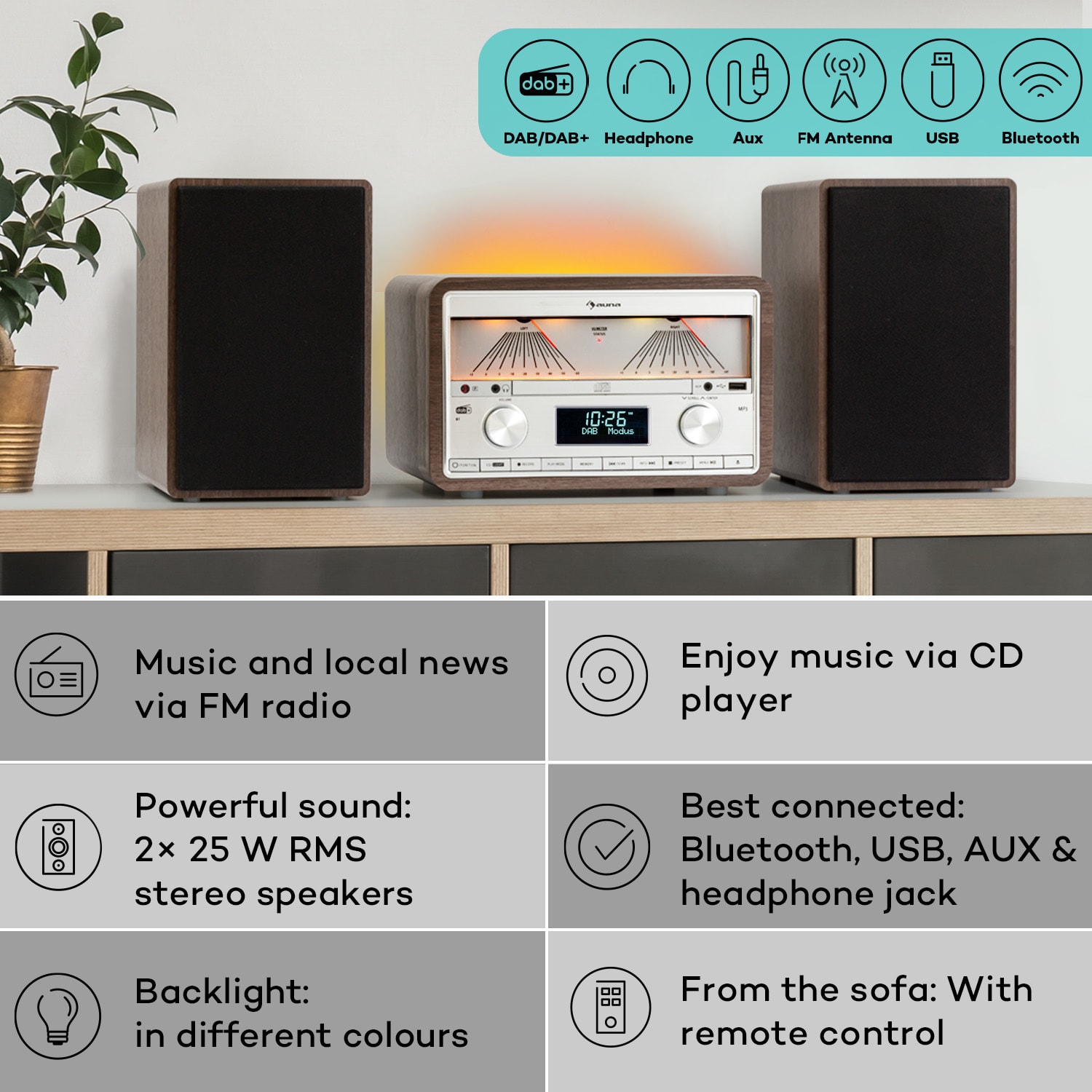 Auna Elton, stereo systém, CD, BT, MP3, DAB+, FM rádio, VU merač, podsvietenie