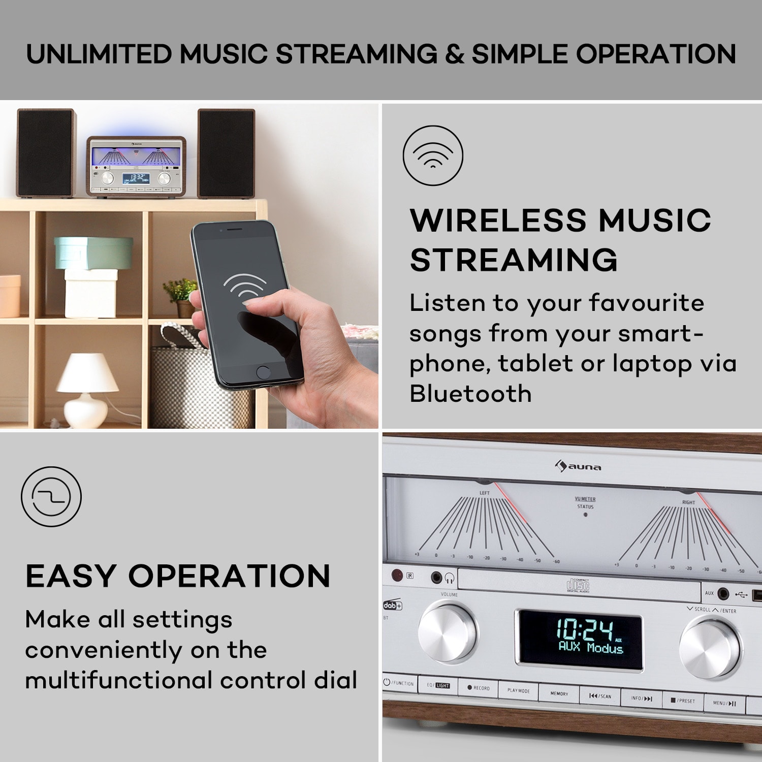 Auna Elton, stereo systém, CD, BT, MP3, DAB+, FM rádio, VU merač, podsvietenie – Obrázok 3