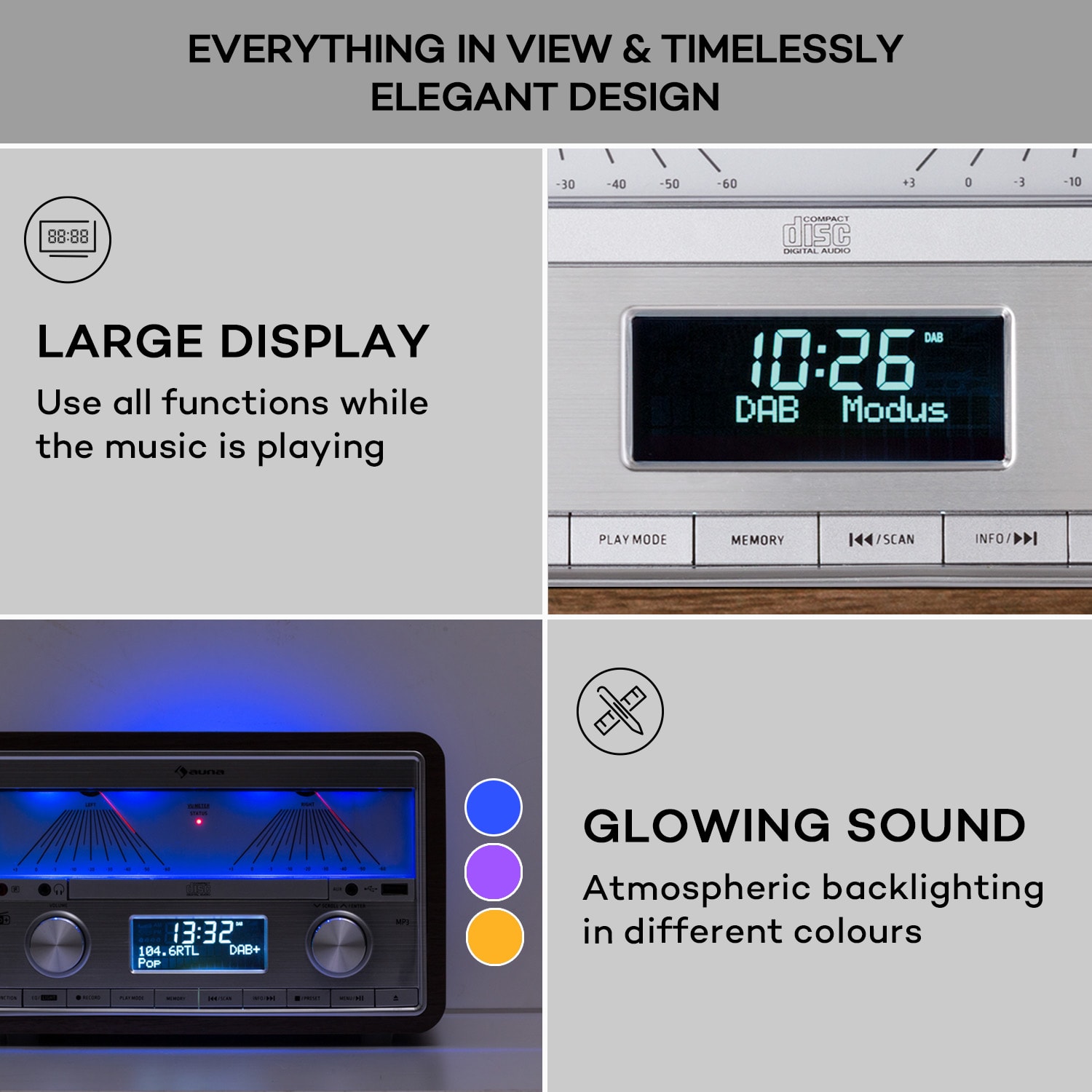 Auna Elton, stereo systém, CD, BT, MP3, DAB+, FM rádio, VU merač, podsvietenie – Obrázok 4