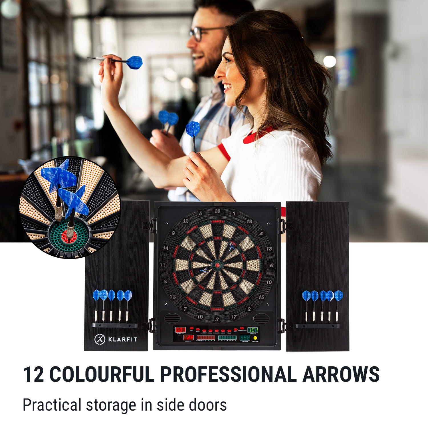 KLARFIT Dartmaster 180 šípky predné dvierka vrátane 12 šípok a 24 šípkových hrotov napájanie montáž na stenu – Obrázok 2