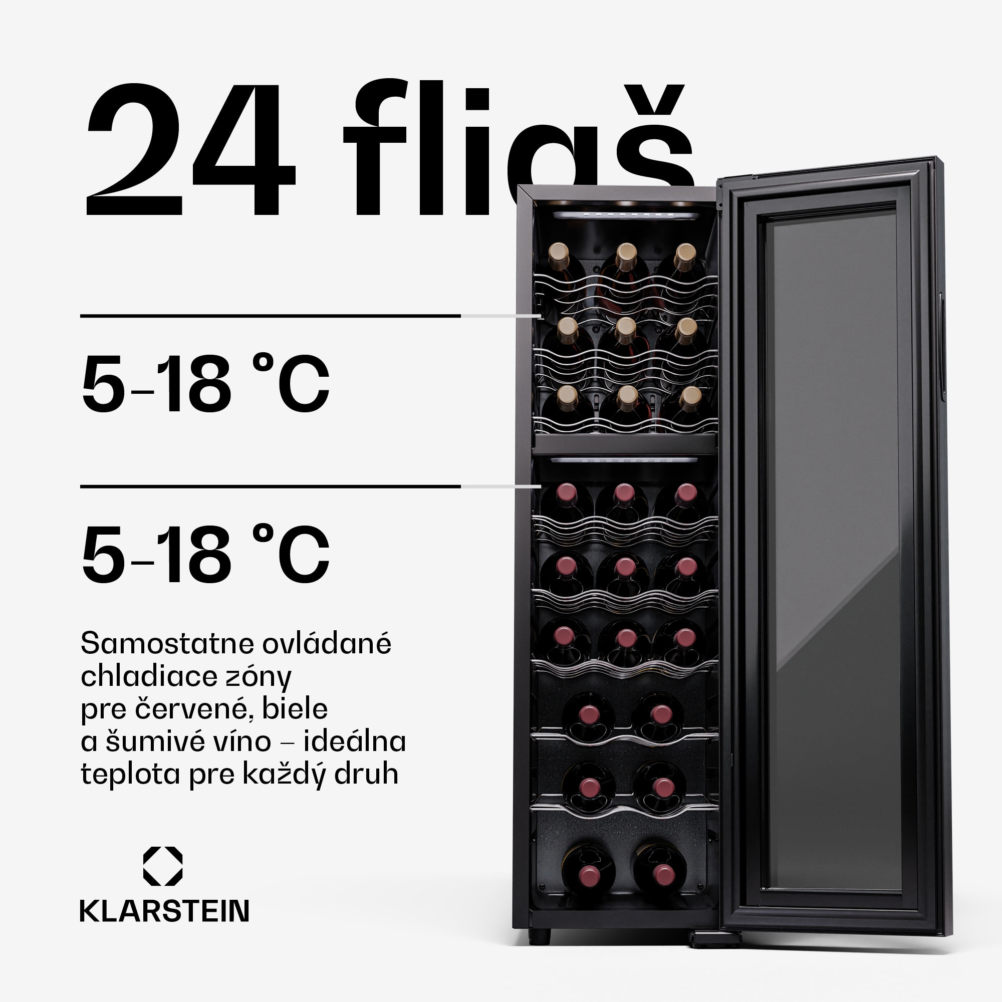 Klarstein Shiraz 24 Duo, chladnička na víno, 2 zóny, 75 l/24 fliaš, 5-18 °C, dotykové ovládanie – Obrázok 2