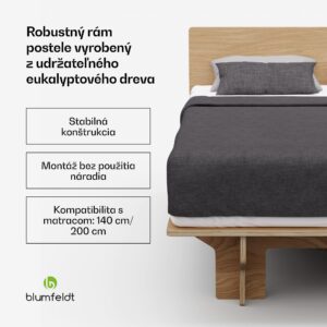 Blumfeldt NordicAura Double rám manželskej postele, 140 cm x 200 cm, robustný, bez náradia, eukalyptové drevo, polička
