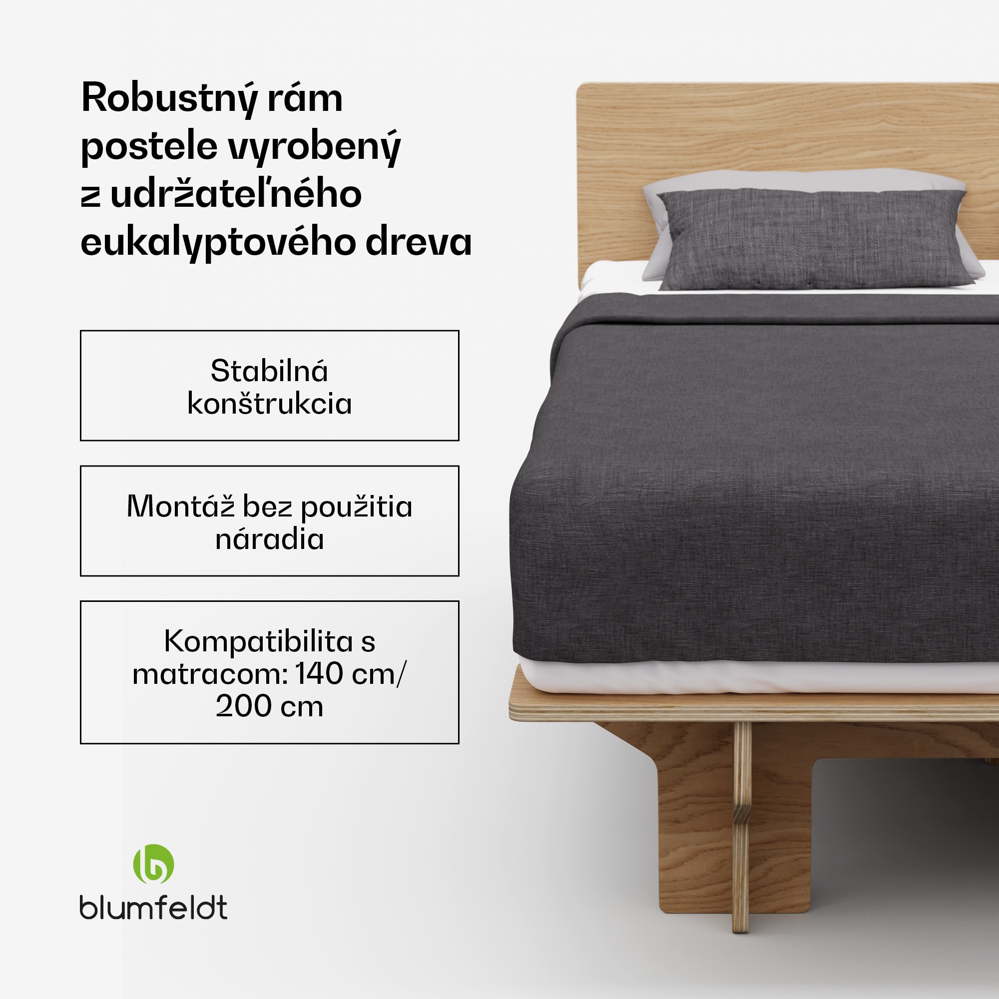 Blumfeldt NordicAura Double rám manželskej postele, 140 cm x 200 cm, robustný, bez náradia, eukalyptové drevo, polička