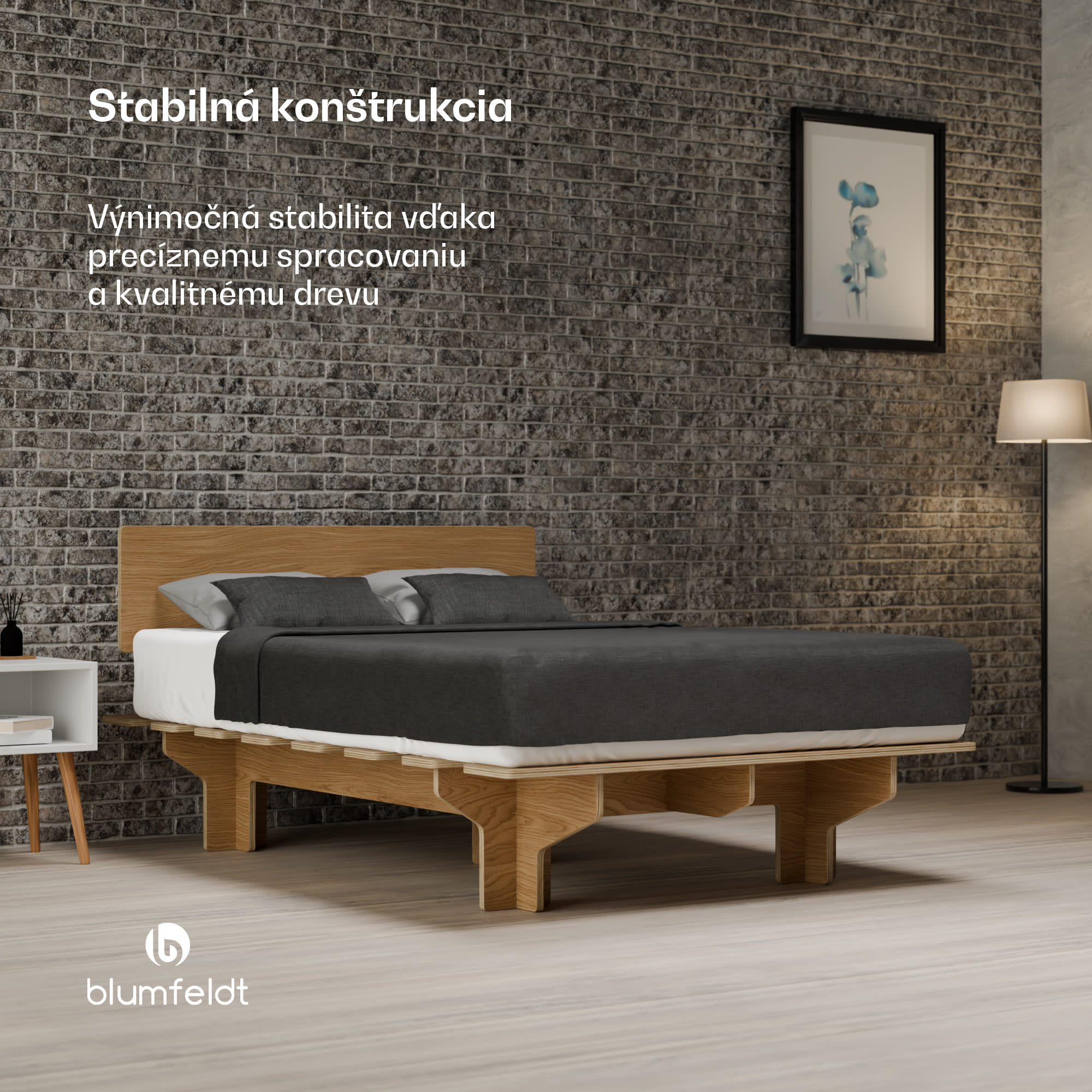 Blumfeldt NordicAura Double rám manželskej postele, 140 cm x 200 cm, robustný, bez náradia, eukalyptové drevo, polička – Obrázok 2